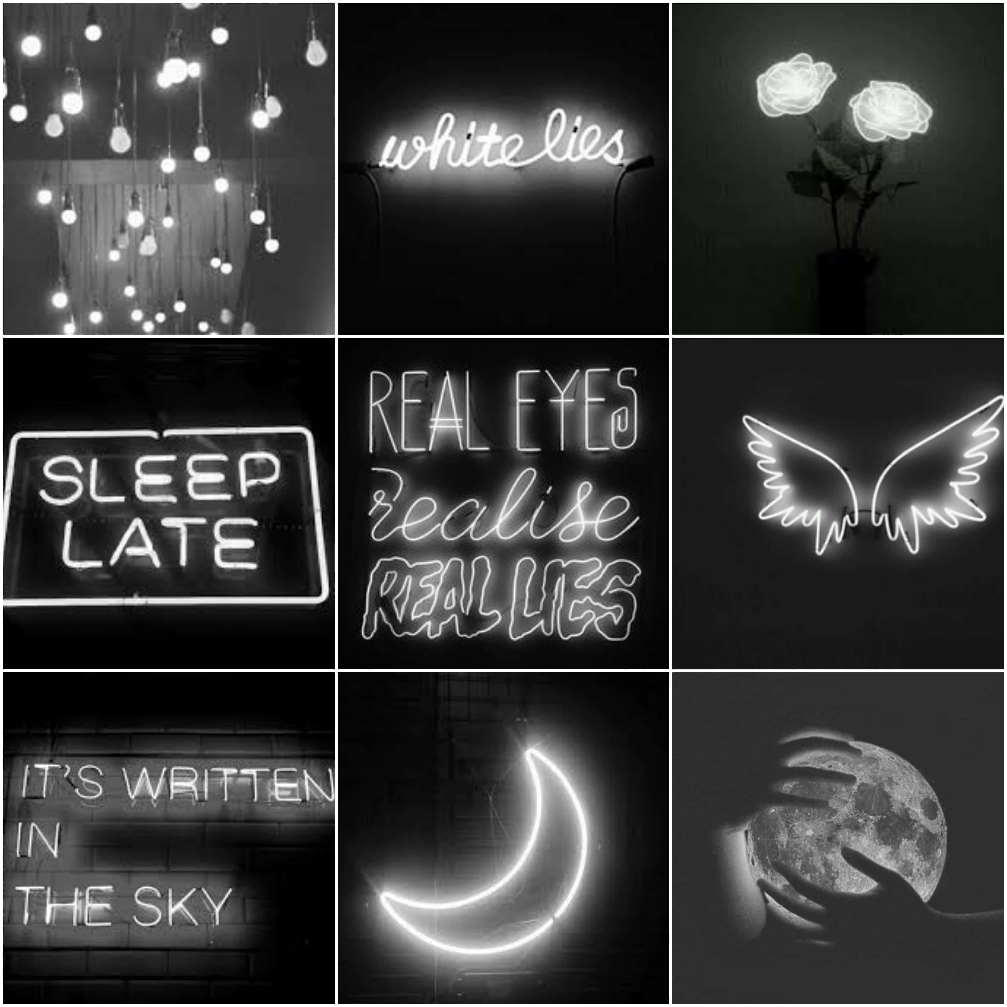 Aesthetic Black And White 桌布 壁紙 — 一張黑白拼貼畫，包含發光的霓虹燈標誌和符號，包括玫瑰、翅膀、月亮和文字短語，營造出憂鬱的氛圍。