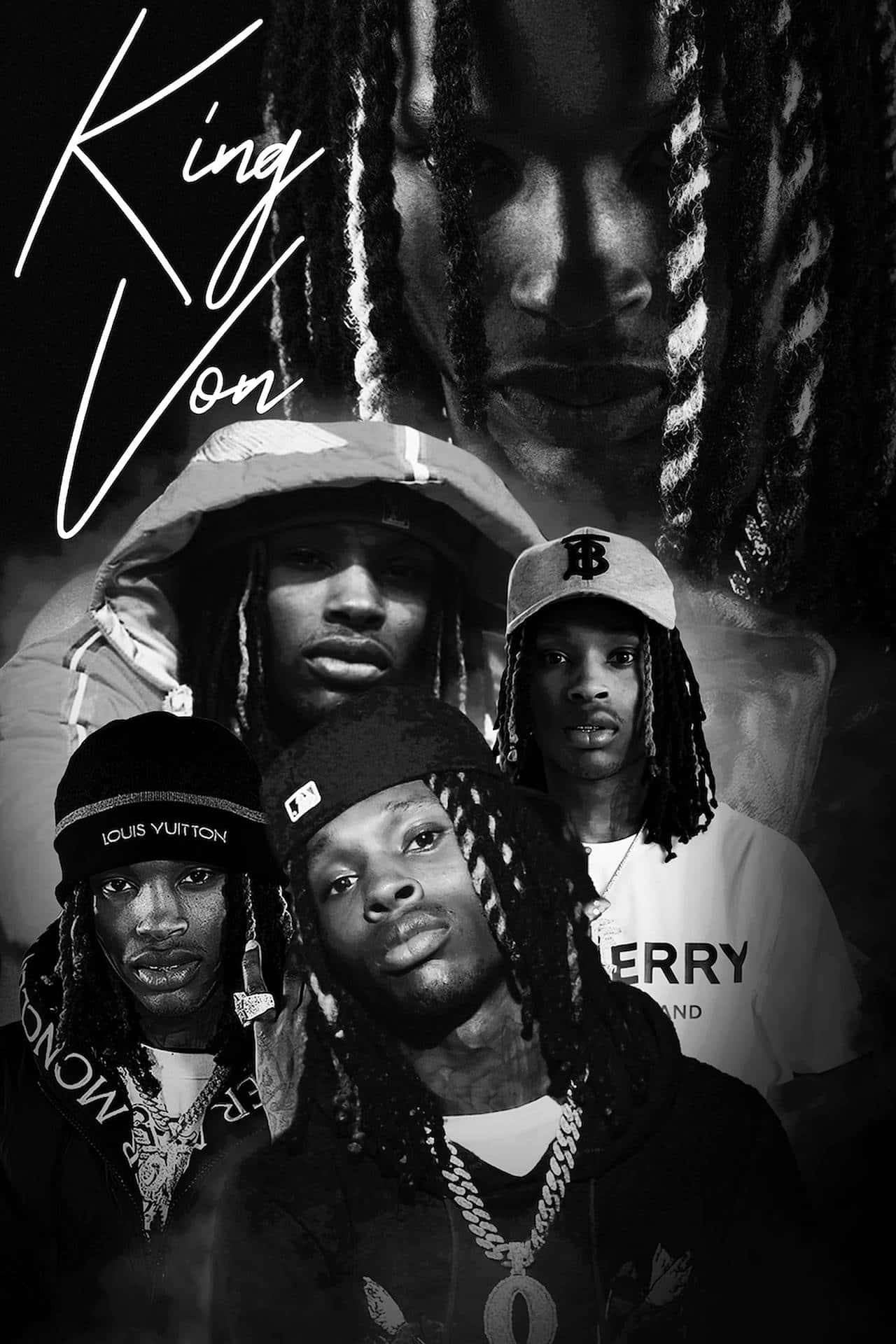 King Von 桌布 壁紙 — 一張黑白拼貼肖像，描繪 King Von 及其團隊，他們梳著辮子、穿著街頭服飾，背景為深色。