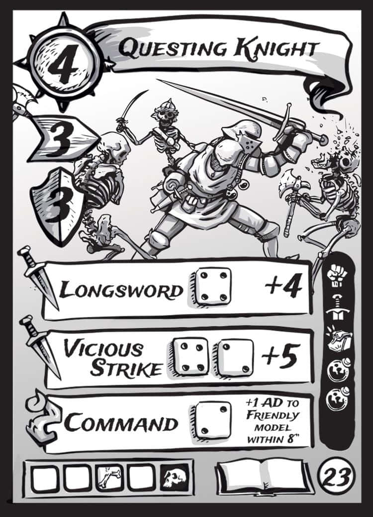 Game Design 桌布 壁紙 — 一張黑白插圖遊戲卡，描繪騎士與骷髏戰鬥，並列出數值和能力。
