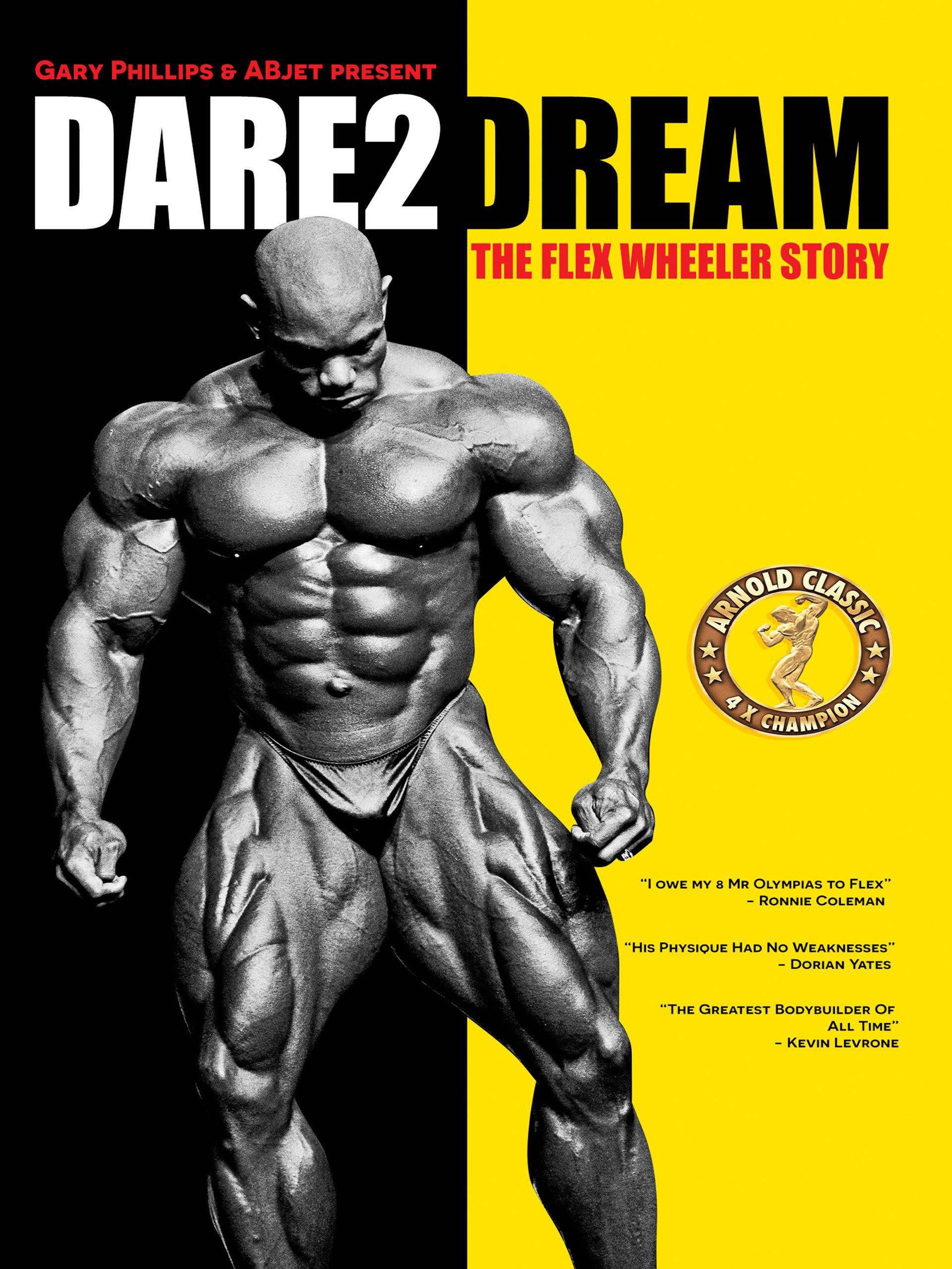 Arnold Classic Flex Wheeler 壁紙 — 一張黑白照片，肌肉發達的健美運動員在鮮明的黃色和黑色背景前擺姿勢，帶有文字和語錄。