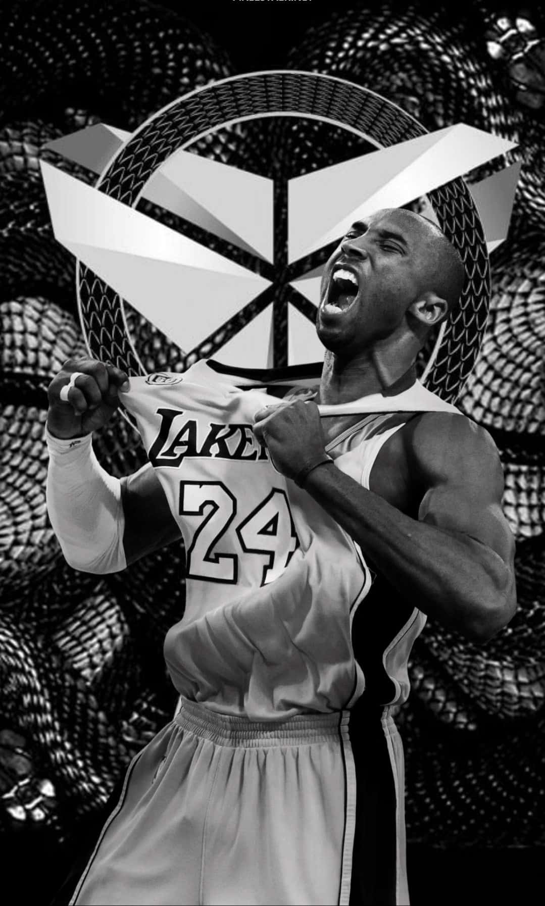 科比· Bryant 桌布 壁紙 — 一張黑白肖像，Kobe Bryant 身穿湖人隊球衣，在幾何圖案背景前情緒激動地撕開球衣。
