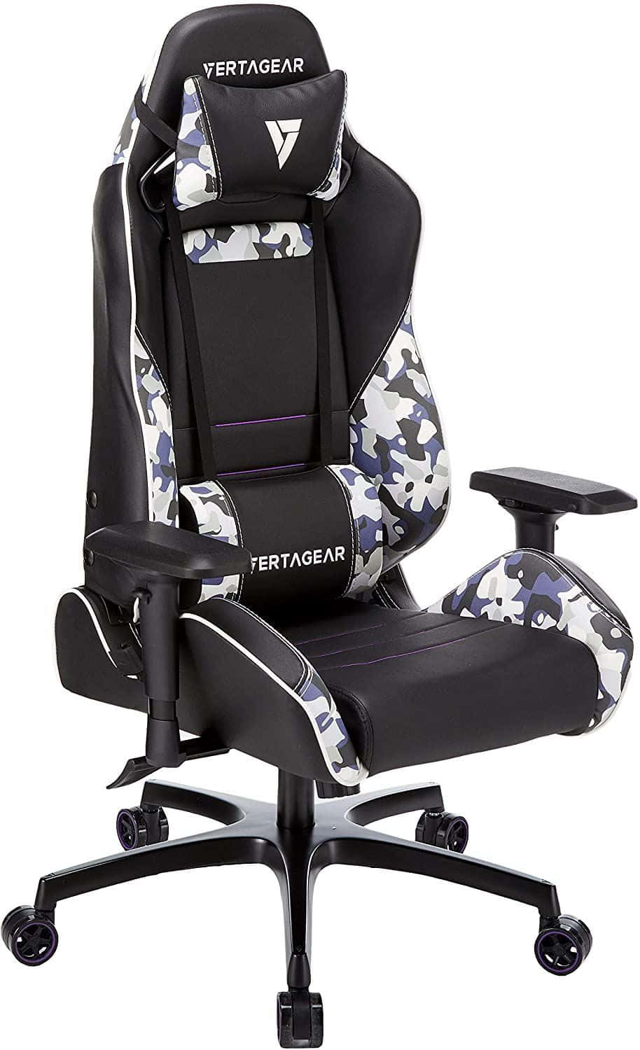 Gaming Chairs 桌布 壁紙 — 一張黑白迷彩電競椅，帶有紫色點綴和 'VERTAGEAR' 品牌標誌，背景為白色。