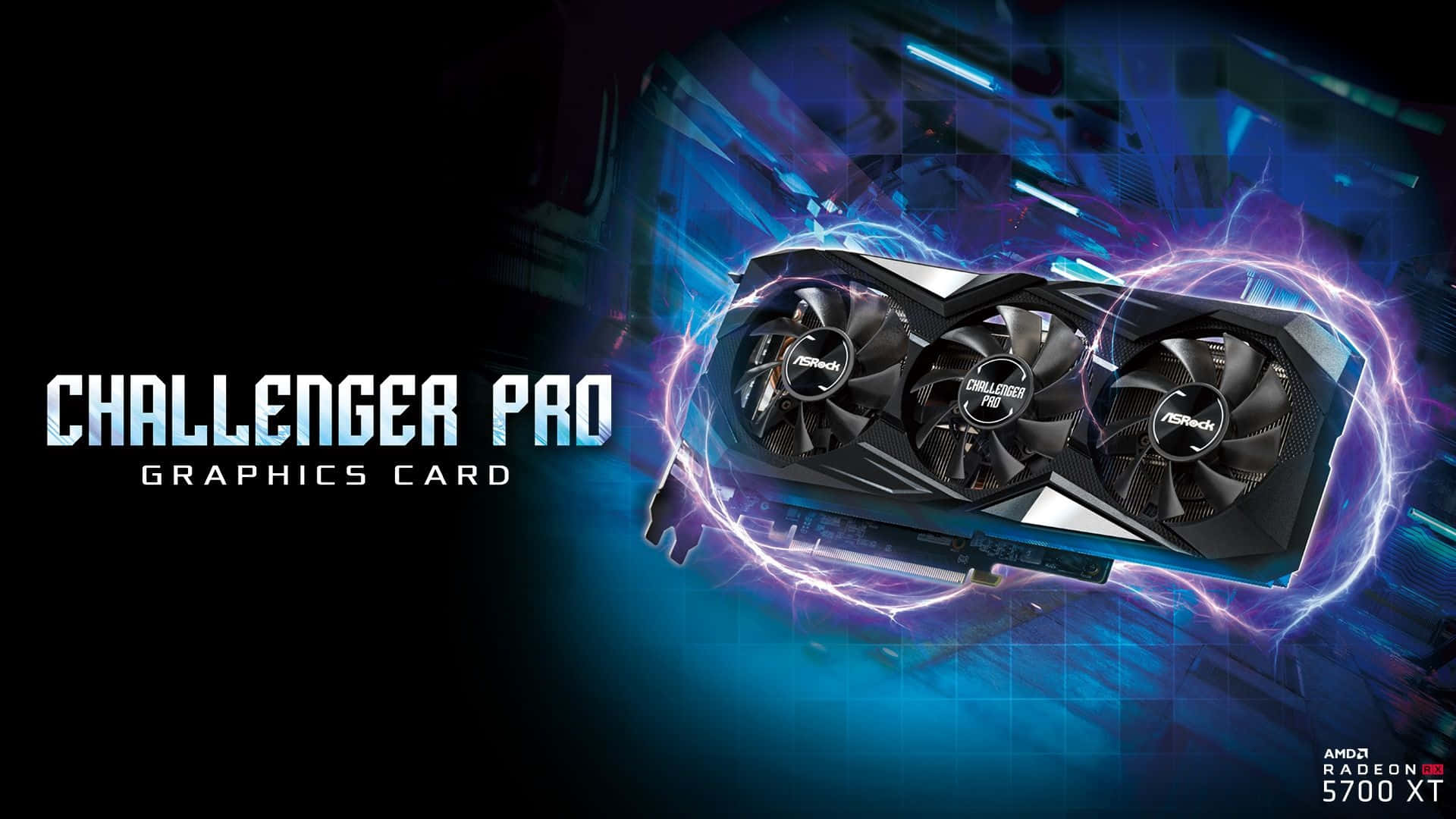 4K Graphics Cards 桌布 壁紙 — 一張黑色Challenger Pro顯示卡，配備三個風扇，在黑暗的未來背景中散發出電光藍和紫色的能量。