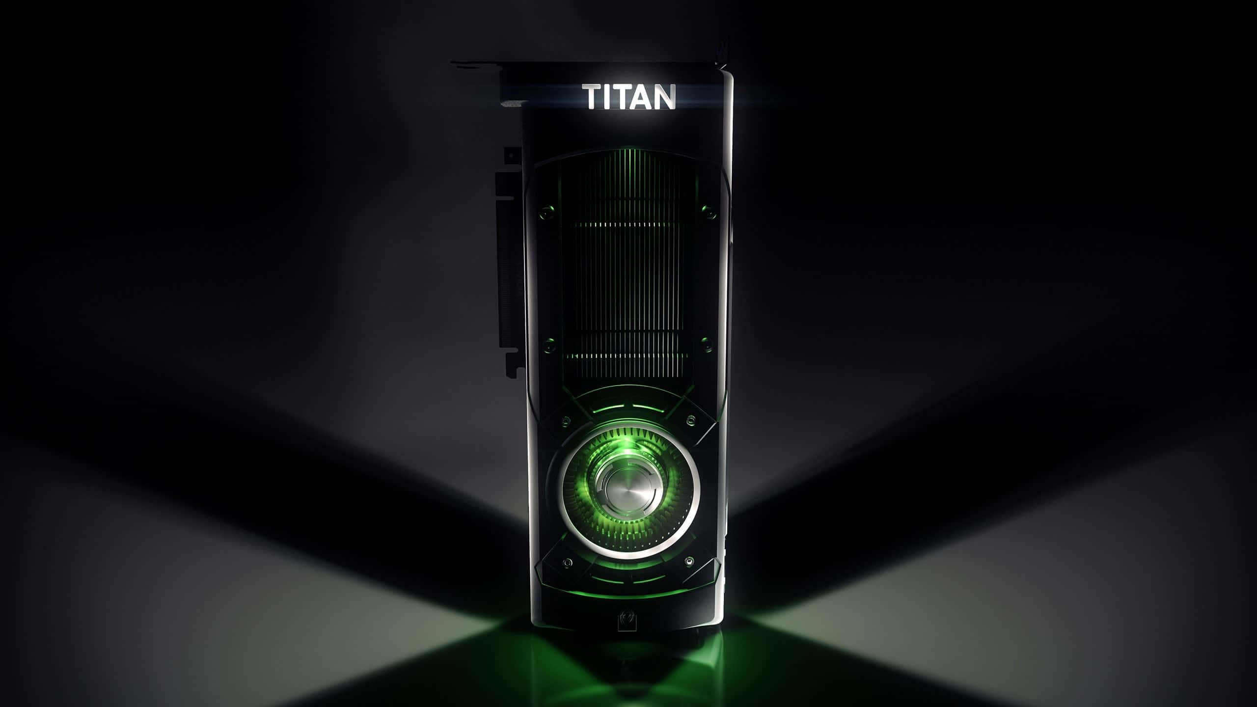 4K Graphics Cards 桌布 壁紙 — 一張黑色Nvidia Titan顯示卡在深色工作室背景下發出鮮豔的綠色光芒。