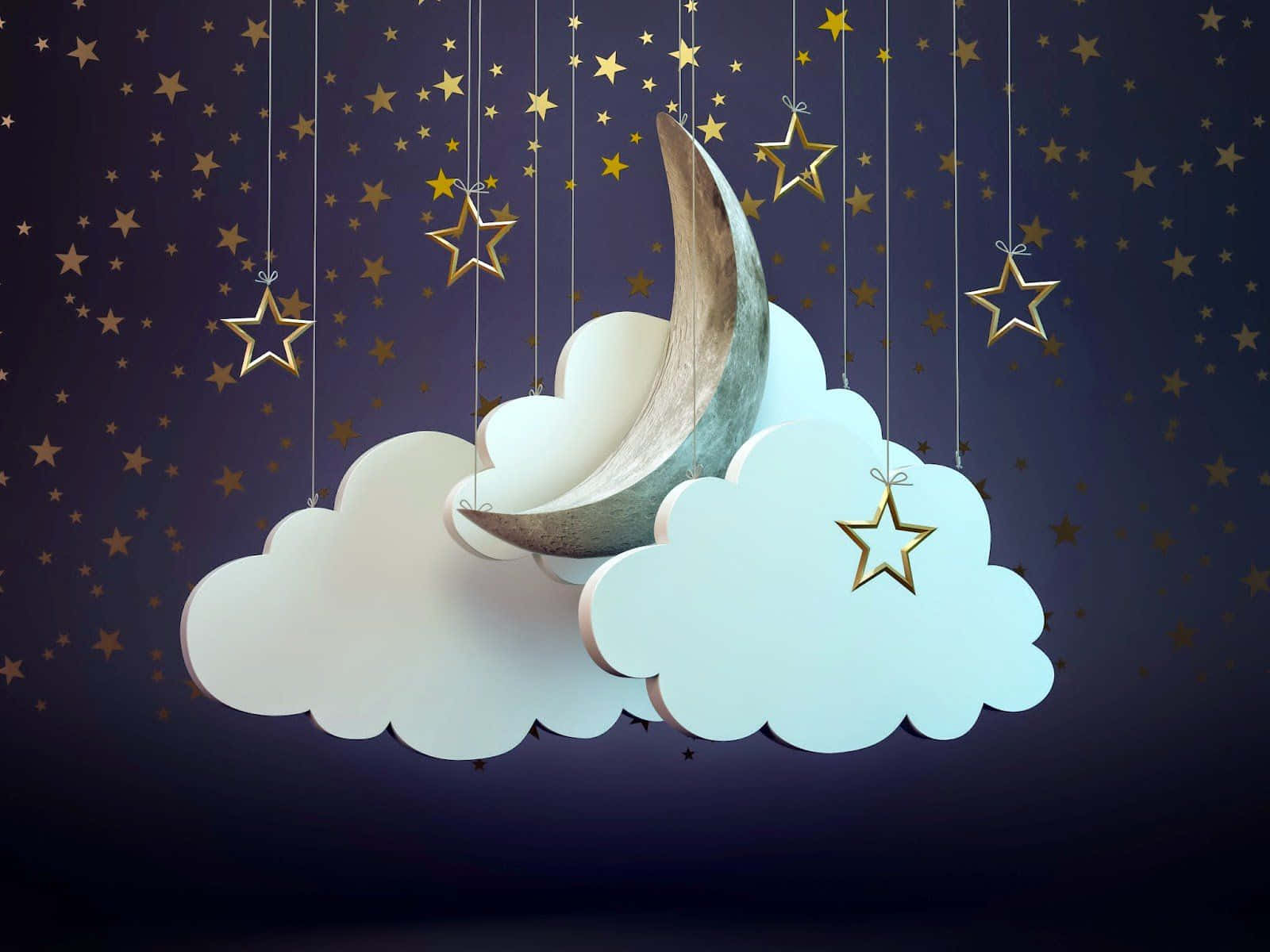 月亮與星星動畫 桌布 壁紙 — 一彎新月和 fluffy 雲朵用繩子懸掛在滿是金色星星的星空夜空下。