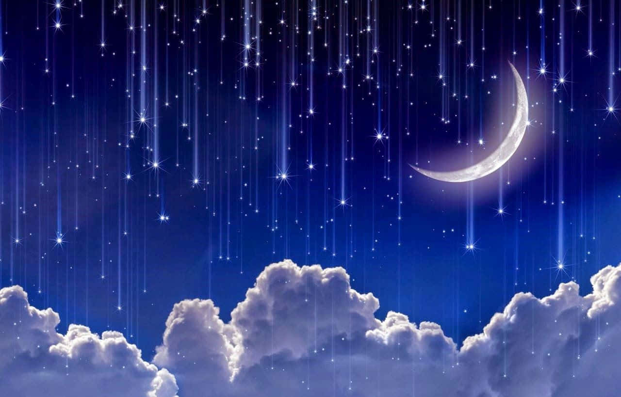 新月與流星在柔軟雲朵之上的魔法夜空。 — 月亮與星星動畫 壁紙