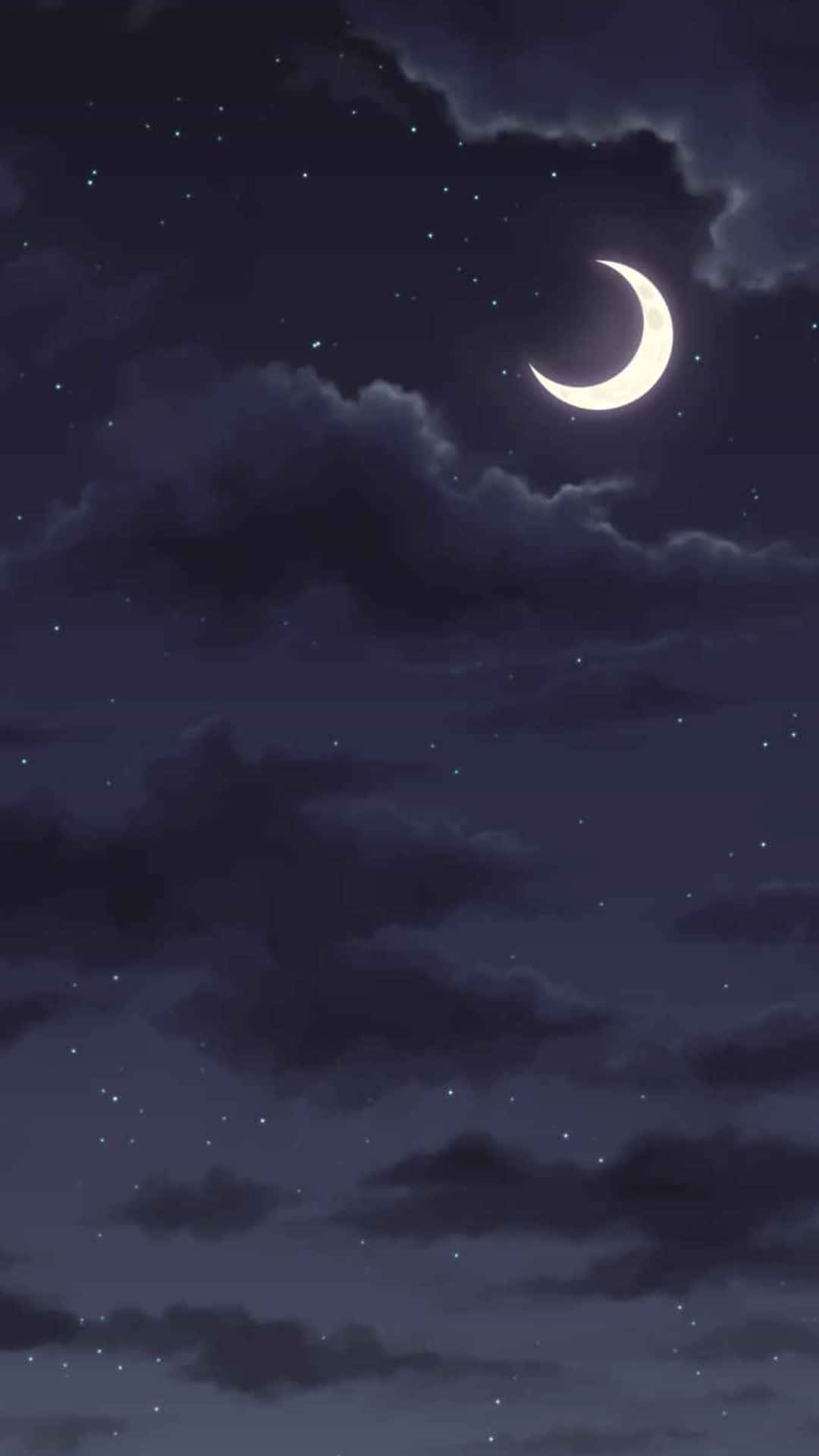 Dark Sky 桌布 壁紙 — 一彎新月在寧靜的夜空中，於點綴著閃爍星星的烏雲上方柔和地發光。