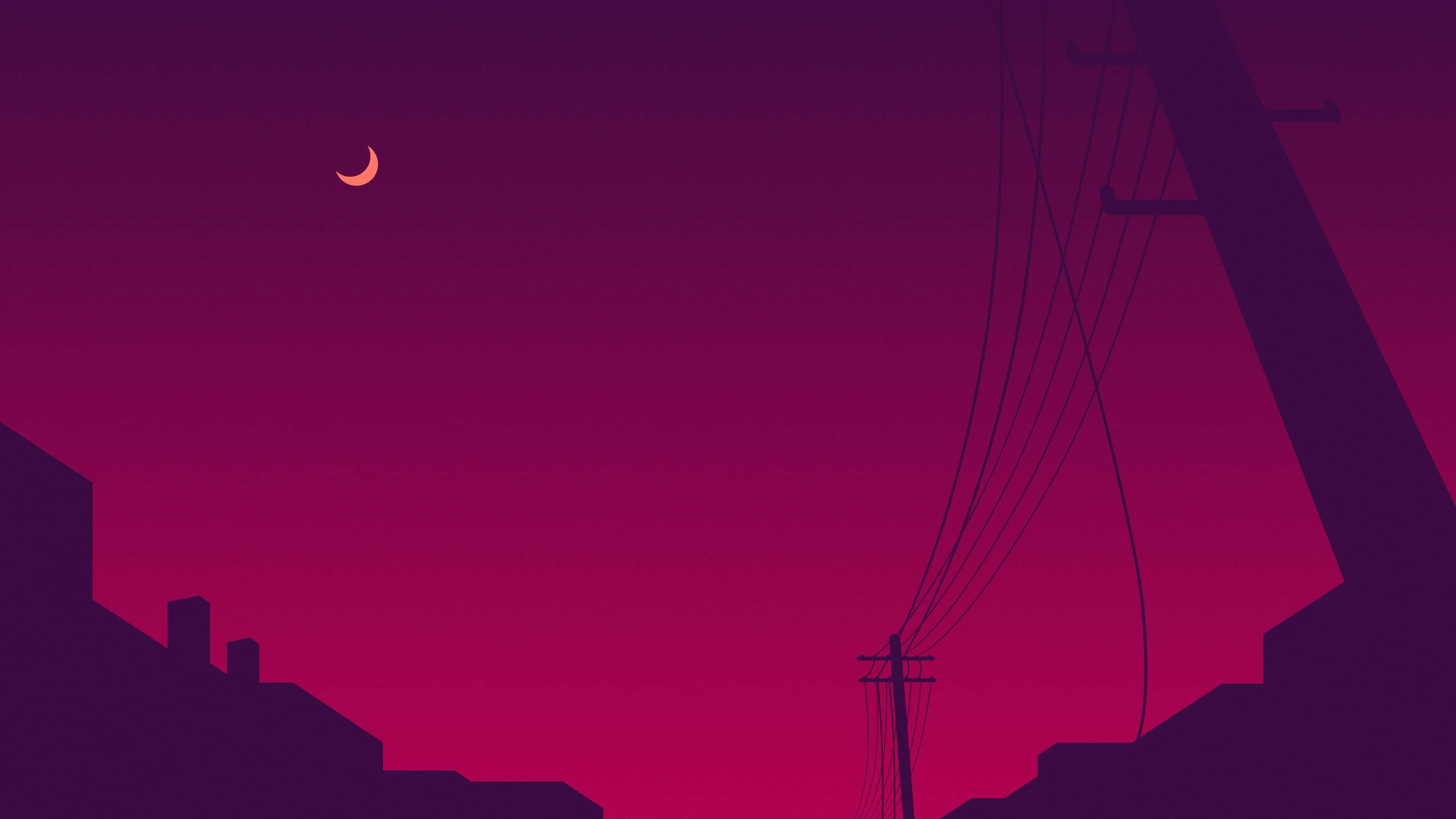 Minimalist Sky 桌布 壁紙 — 一彎新月在漸變紫色天空中發出橙色光芒，映襯著屋頂和電線的剪影。
