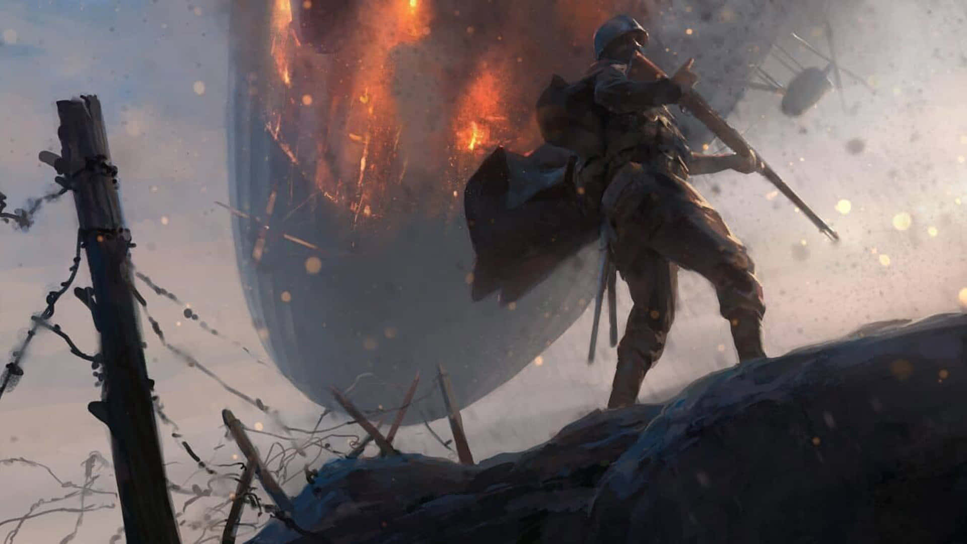 一戰戰場上的激烈戰鬥 壁紙 — 一名士兵站在瓦礫上，手持步槍，身後一艘巨大的燃燒外星飛船墜毀。