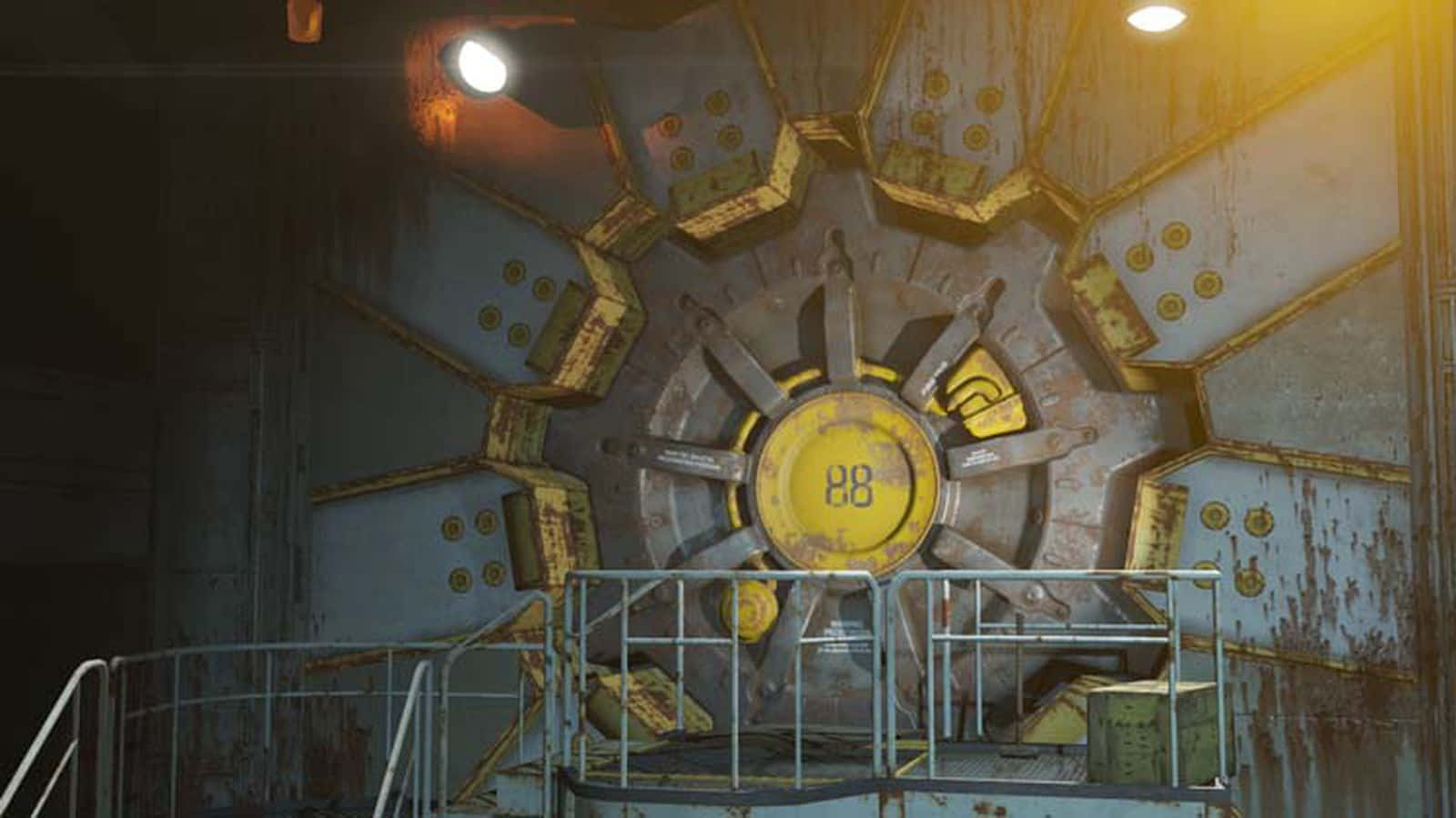 Vault-tec 桌布 壁紙 — 一扇標有88的巨大生鏽工業保險庫門，在破舊設施的刺眼頂燈下發光。