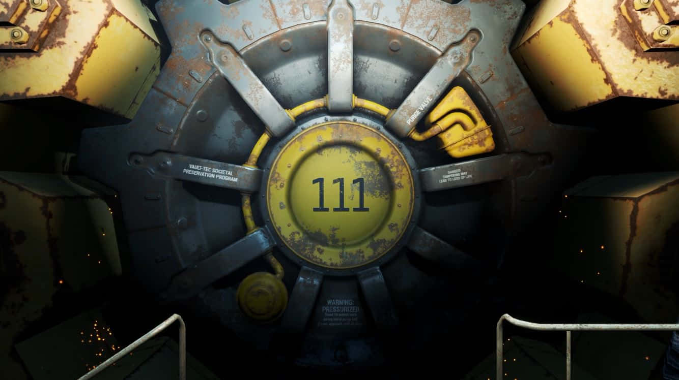Fallout 4 Vault 桌布 壁紙 — 一扇鏽跡斑斑的工業保險庫門，標有數字111，在昏暗燈光下發光，附近有火花飛濺。