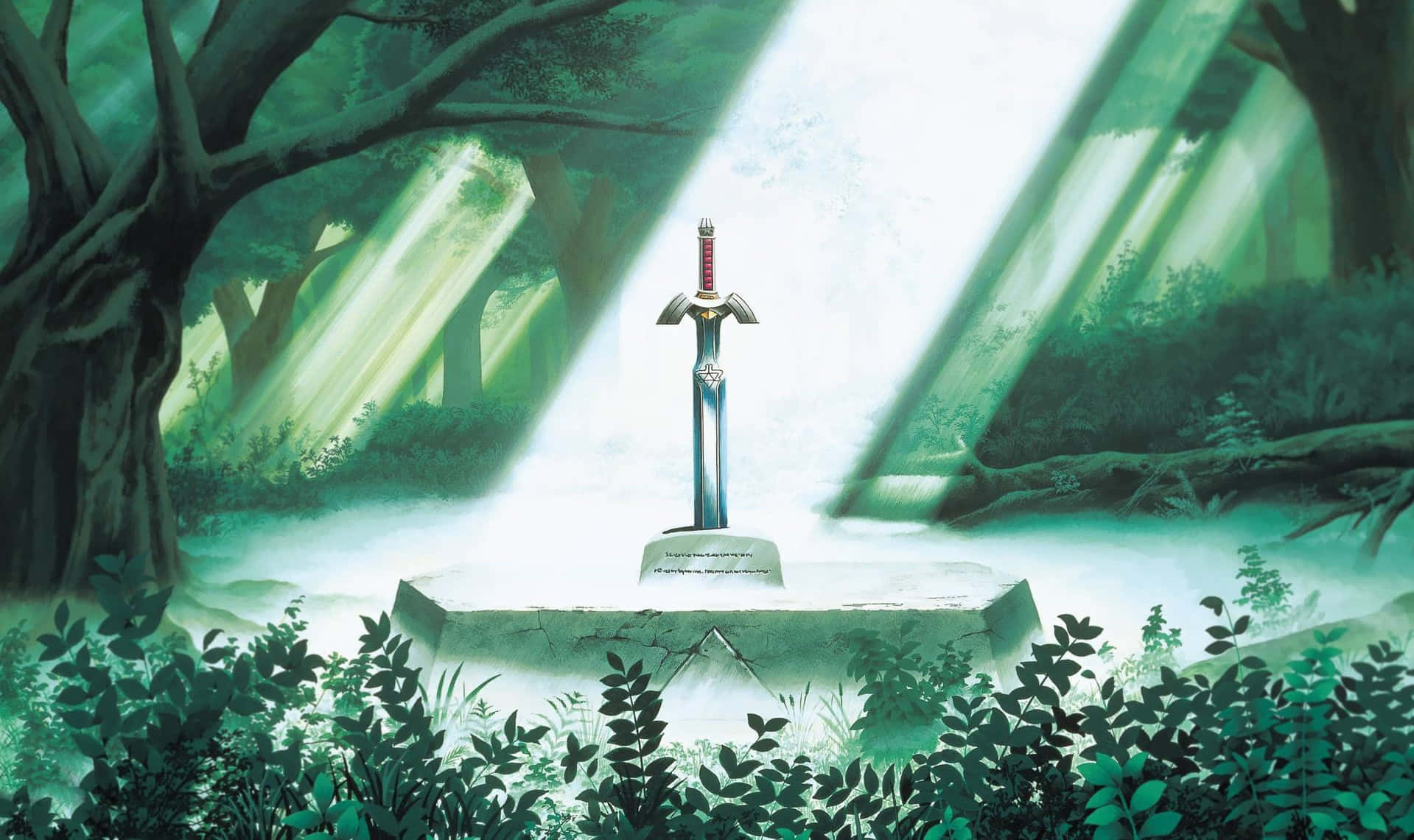 The Legend Of Zelda Skyward Sword 桌布 壁紙 — 一把傳奇之劍在神秘森林的石製基座上發光，森林沐浴在透過古樹過濾的虛幻綠光之中。