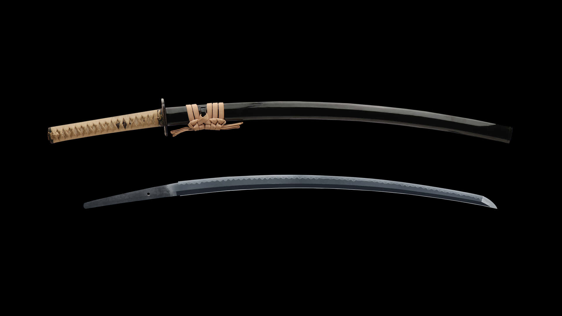 Samurai Sword 桌布 壁紙 — 一把傳統日本武士刀連刀鞘，在純黑背景上展示。