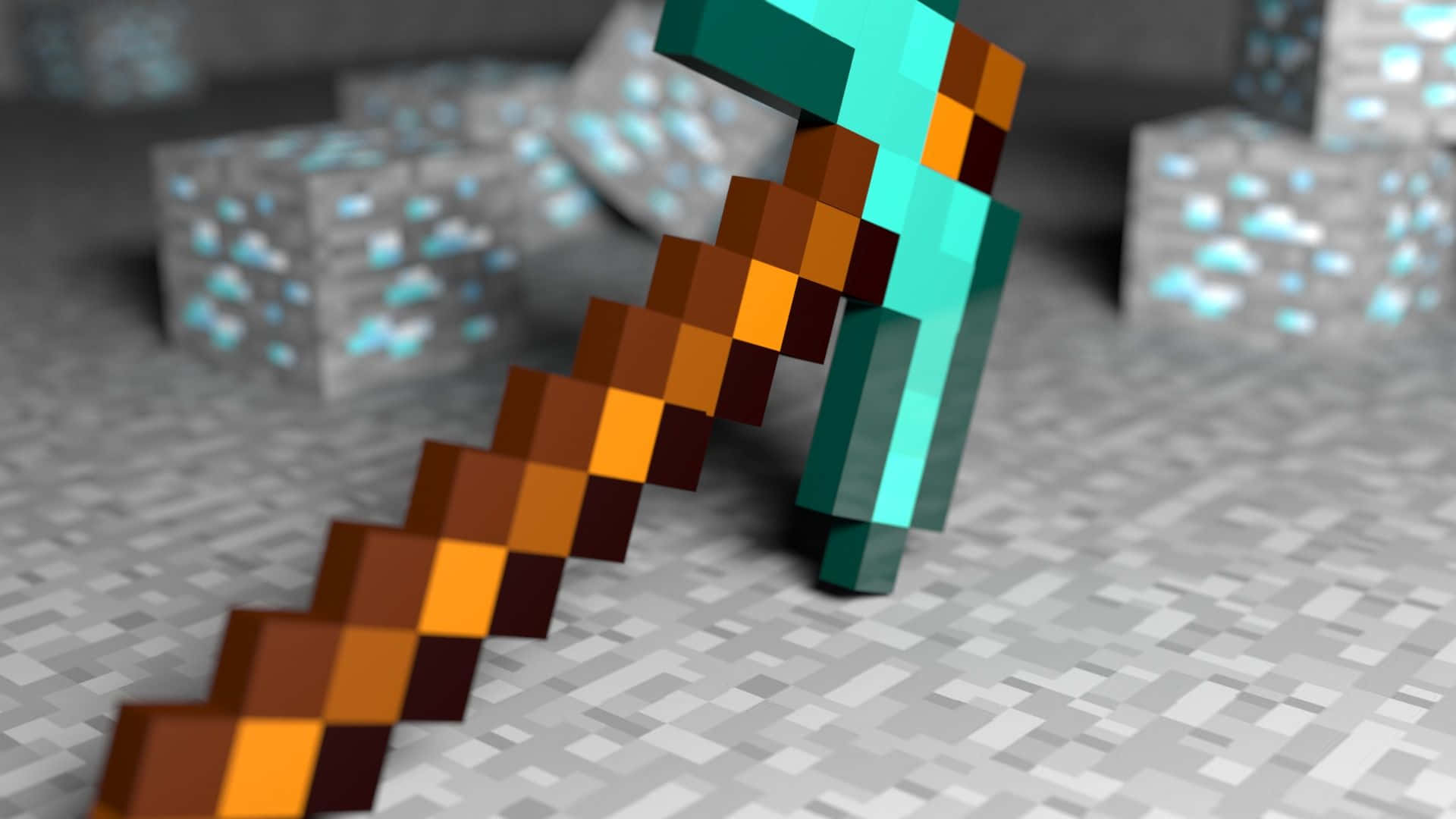 Minecraft Weapons 桌布 壁紙 — 一把像素化的鑽石鎬放在灰色的方塊地板上，背景有發光的藍色方塊。