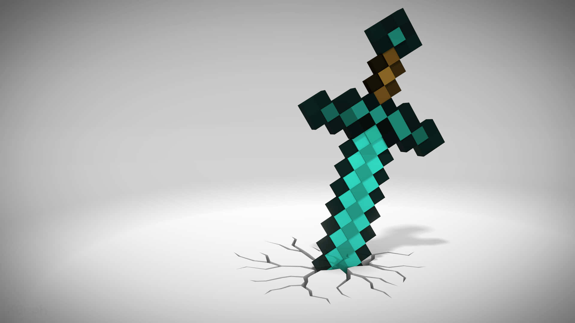 Minecraft Weapons 桌布 壁紙 — 一把像素化鑽石劍從簡約工作室環境中破裂的白色地板中冒出。