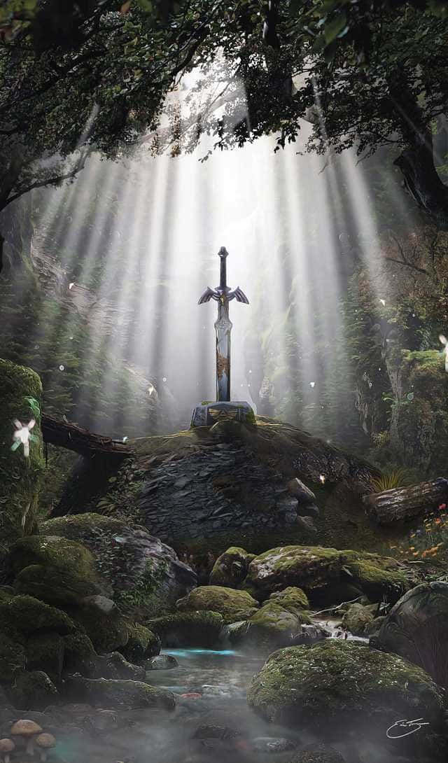 Excalibur 桌布 壁紙 — 一把嵌入石頭中的神秘劍，透過森林樹冠在長滿苔蘚的小溪上方散發神聖光芒。