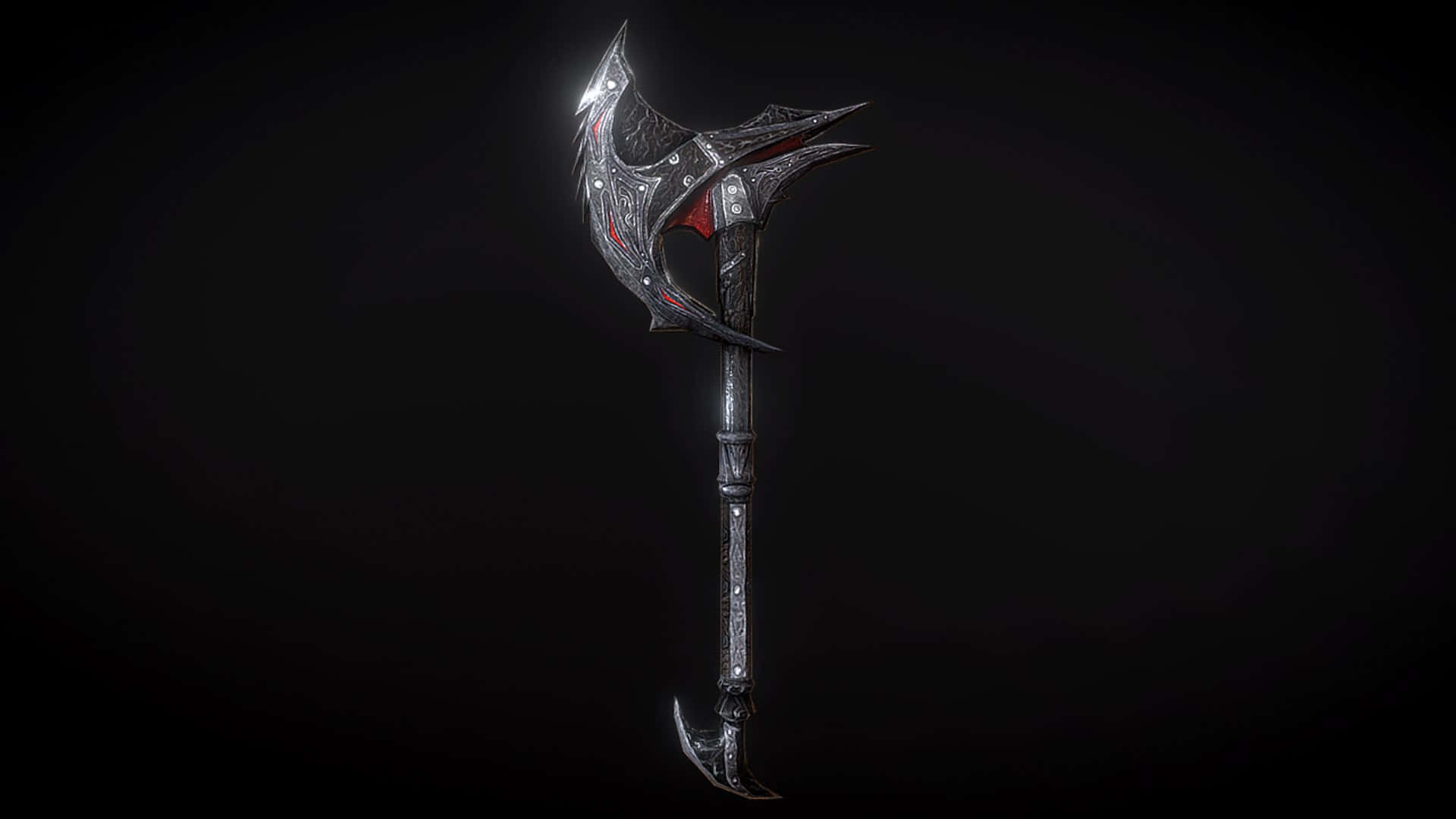 Skyrim Daedric 桌布 壁紙 — 一把帶有發光銀色刀刃和紅色點綴的威嚴華麗戰斧，孤立地矗立在黑暗虛空中。