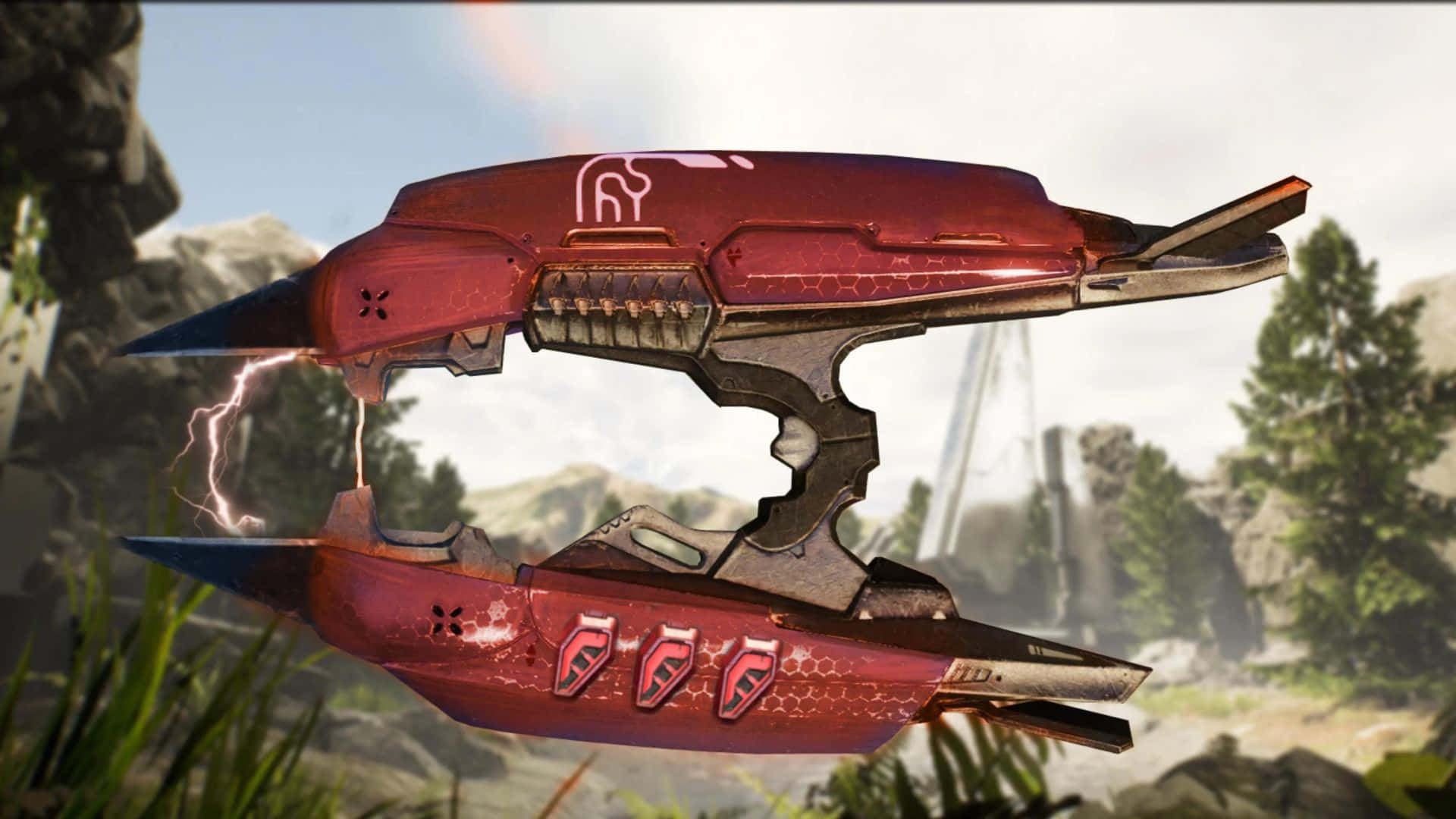 Plasma Rifle 桌布 壁紙 — 一把帶有發光閃電的紅色未來武器懸浮在岩石戶外景觀上，周圍有樹木。