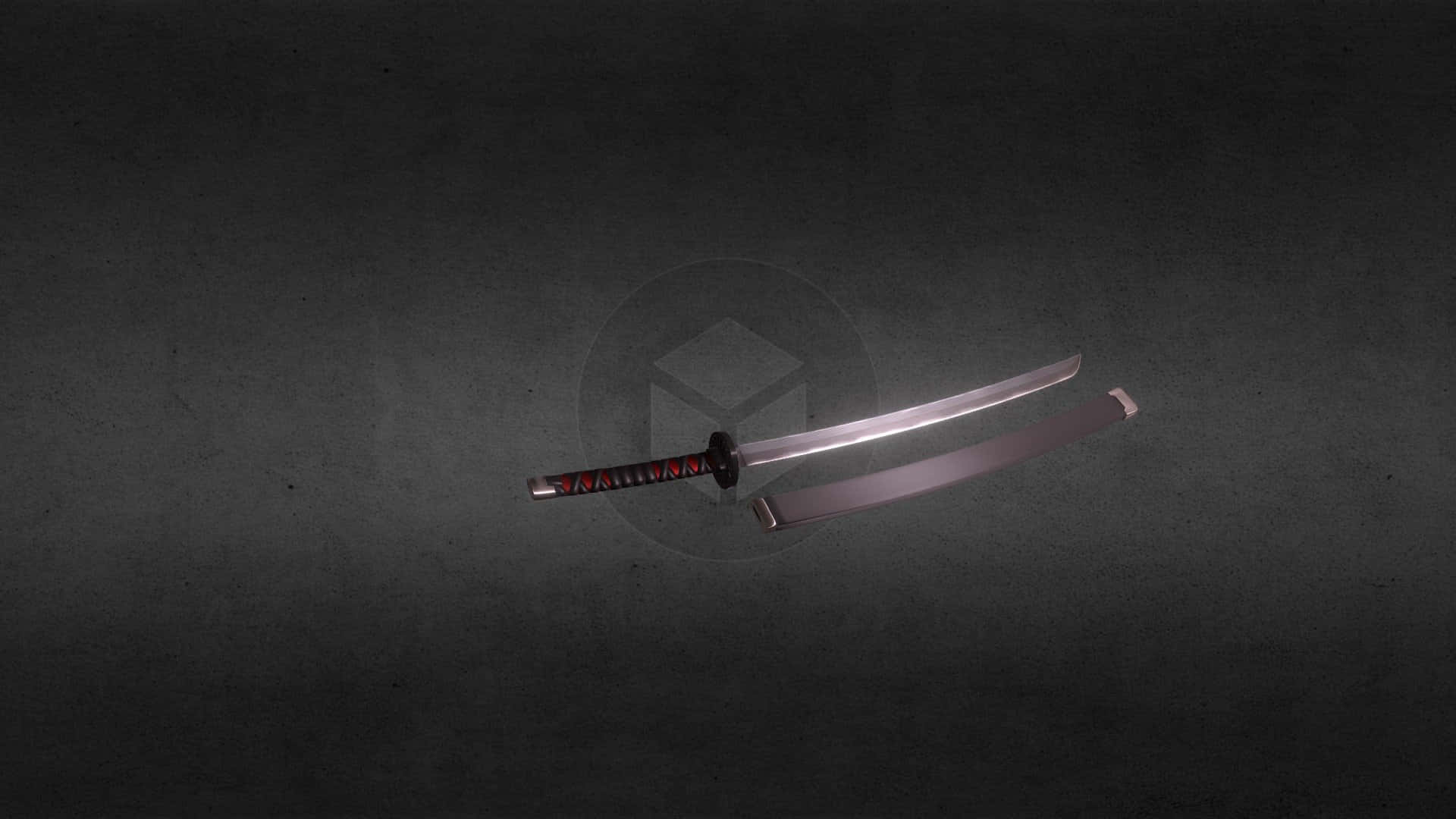 Nichirin Blades 桌布 壁紙 — 一把帶有紅色圖案刀柄的時尚武士刀，放在紋理深灰色表面上，旁邊是它的刀鞘。