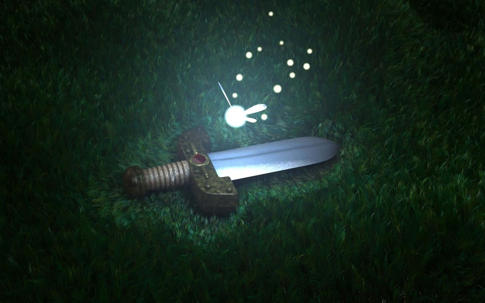 The Legend Of Zelda Navi 桌布 壁紙 — 一把帶有魔法光環的發光劍在夜間燈光下安放在深色草地上。