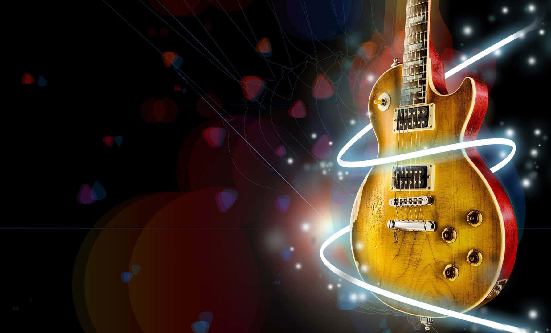 Musical 桌布 壁紙 — 一把復古旭日紋電結他在充滿彩色散景結他撥片的黑暗背景下發出霓虹光軌的光芒。