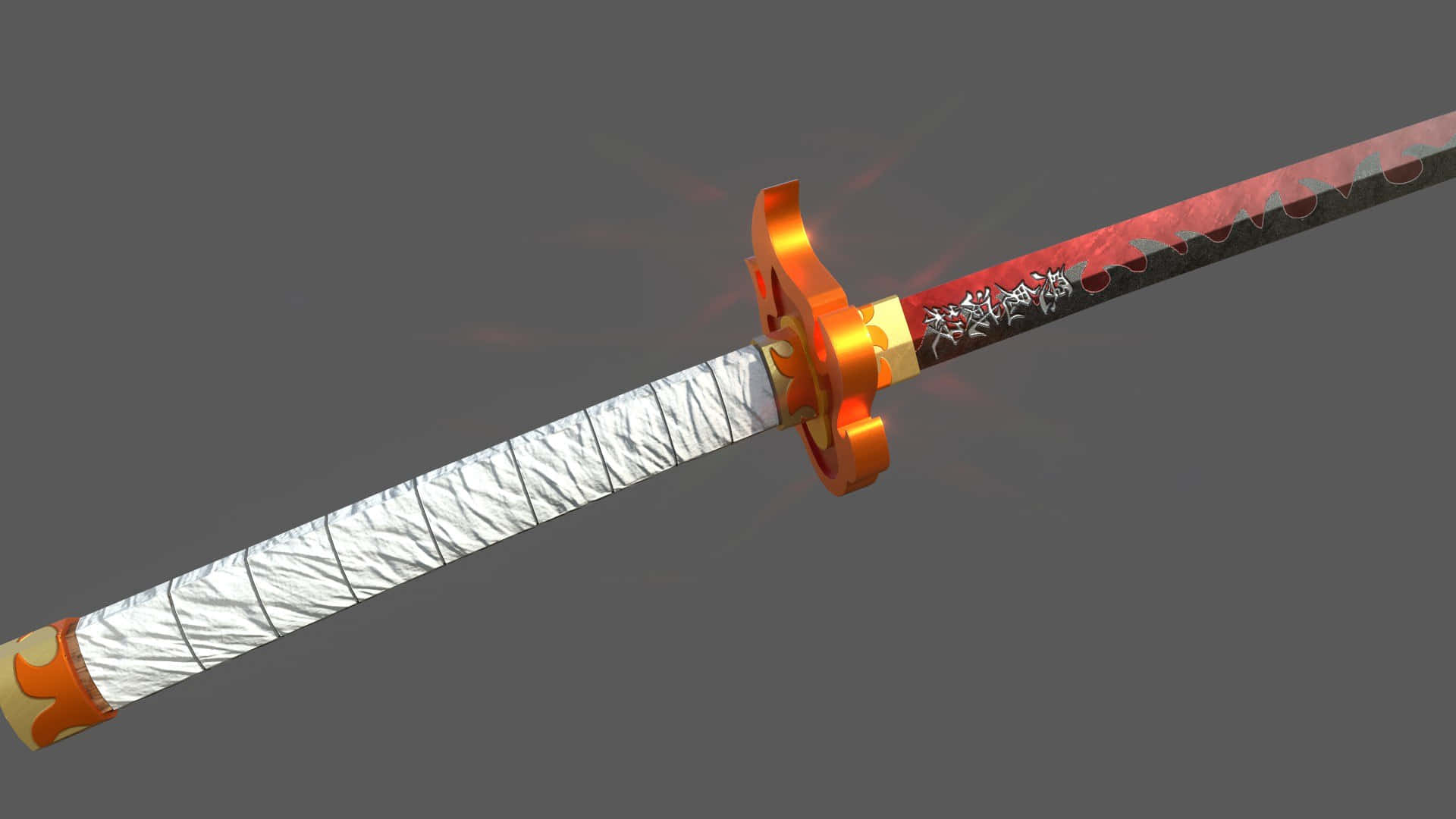 Nichirin Blades 桌布 壁紙 — 一把數碼渲染的武士刀，帶有發光的橙色刀柄和紅色刀身，刀身上有日文字符，背景為灰色。