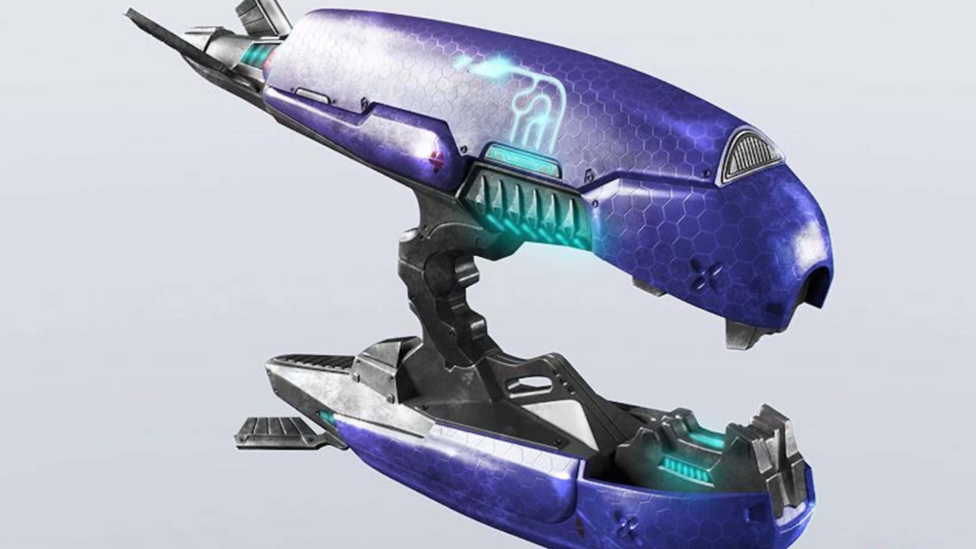 Plasma Rifle 桌布 壁紙 — 一把時尚的未來主義紫色和青色科幻武器，帶有發光點綴和六邊形紋理，背景為純色。