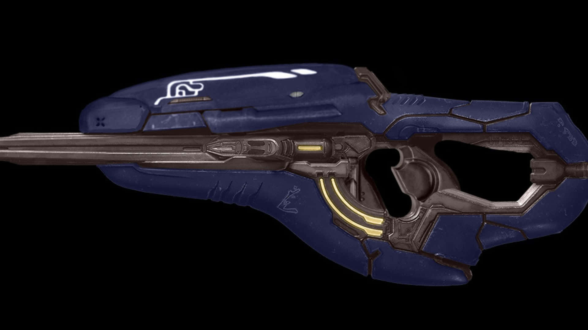 Plasma Rifle 桌布 壁紙 — 一把時尚的未來主義藍銀色能量步槍，帶有發光的黃色點綴，背景為黑色。