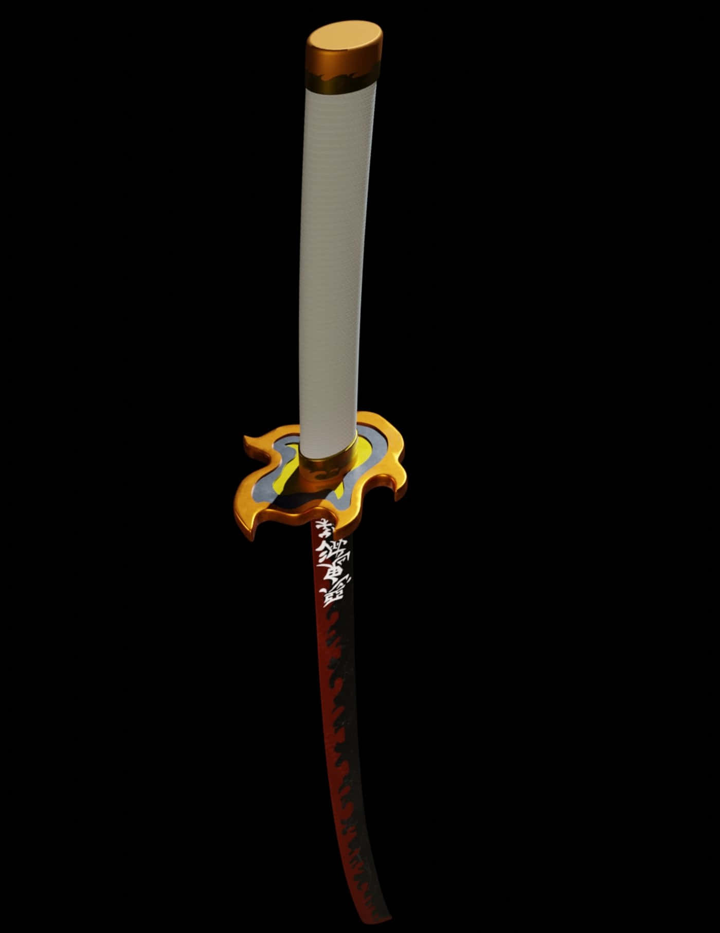Rengoku Sword 桌布 壁紙 — 一把時尚的武士刀，配有白色刀鞘和華麗的金色刀柄，矗立在純黑色背景前，紅色刀身上刻有日文字元。