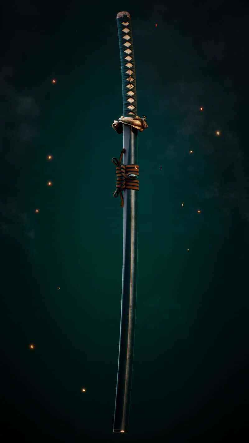 Samurai Sword 桌布 壁紙 — 一把時尚的武士刀，黑色刀刃，華麗刀柄，垂直立於深綠色背景上，周圍有漂浮的火花。