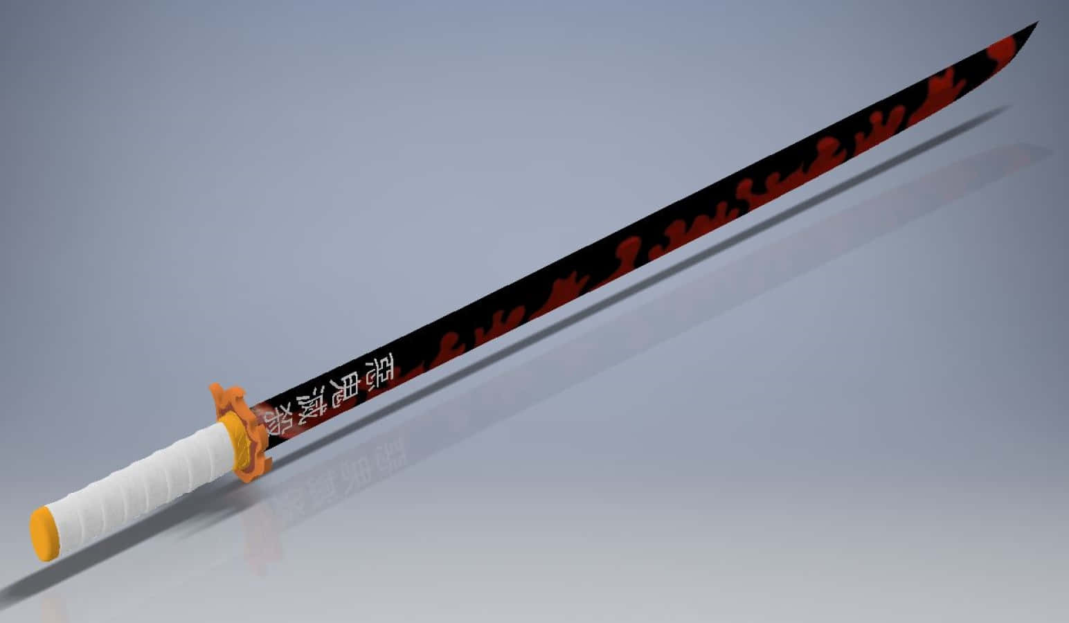 Rengoku Sword 桌布 壁紙 — 一把時尚的武士刀，黑色刀身飾有紅色火焰圖案和白色日文字符，斜放在極簡灰色表面上。