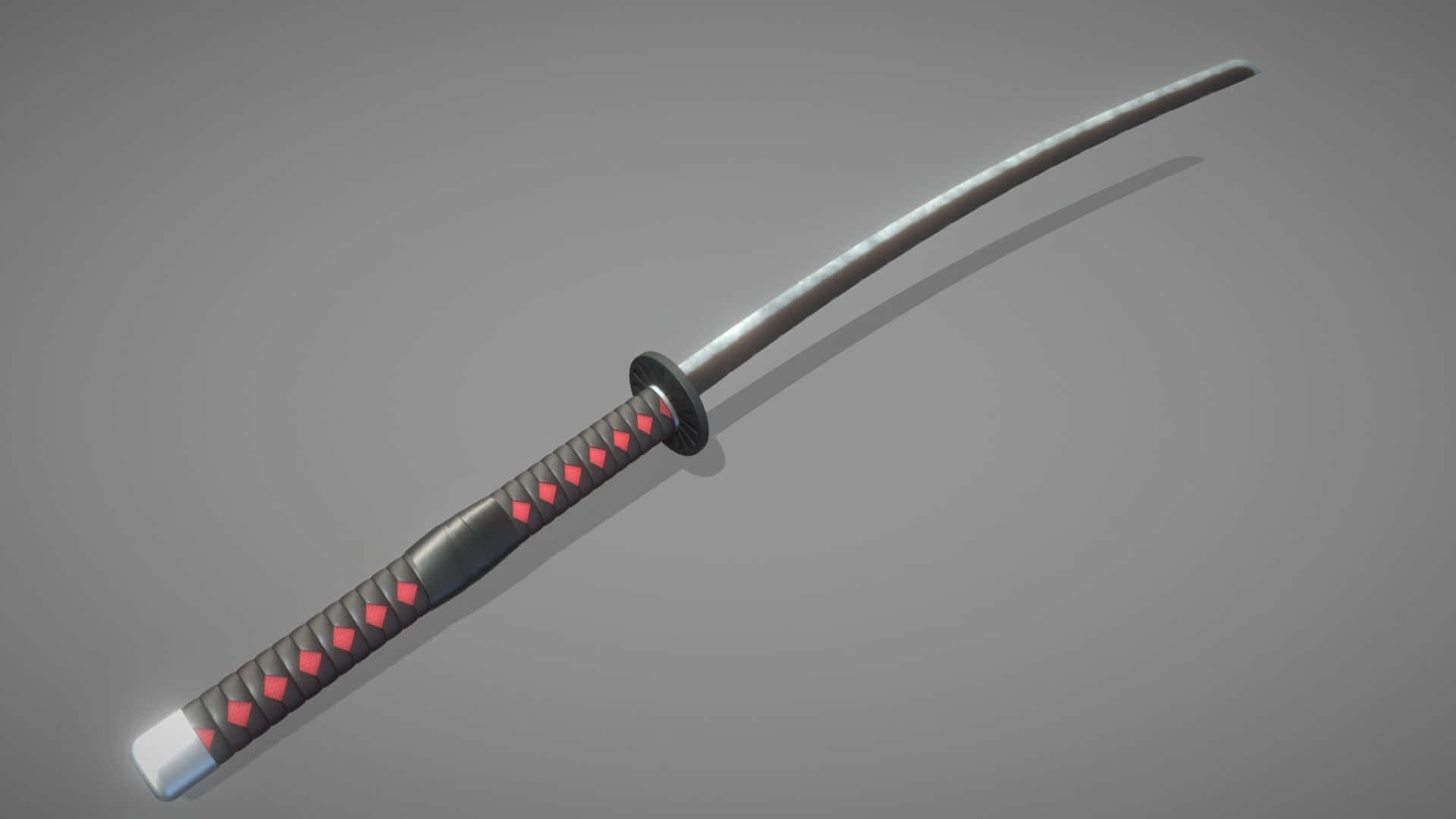 Nichirin Blades 桌布 壁紙 — 一把時尚的武士刀，黑色紋理握柄飾有紅色菱形圖案，斜靠在中性灰色背景上。