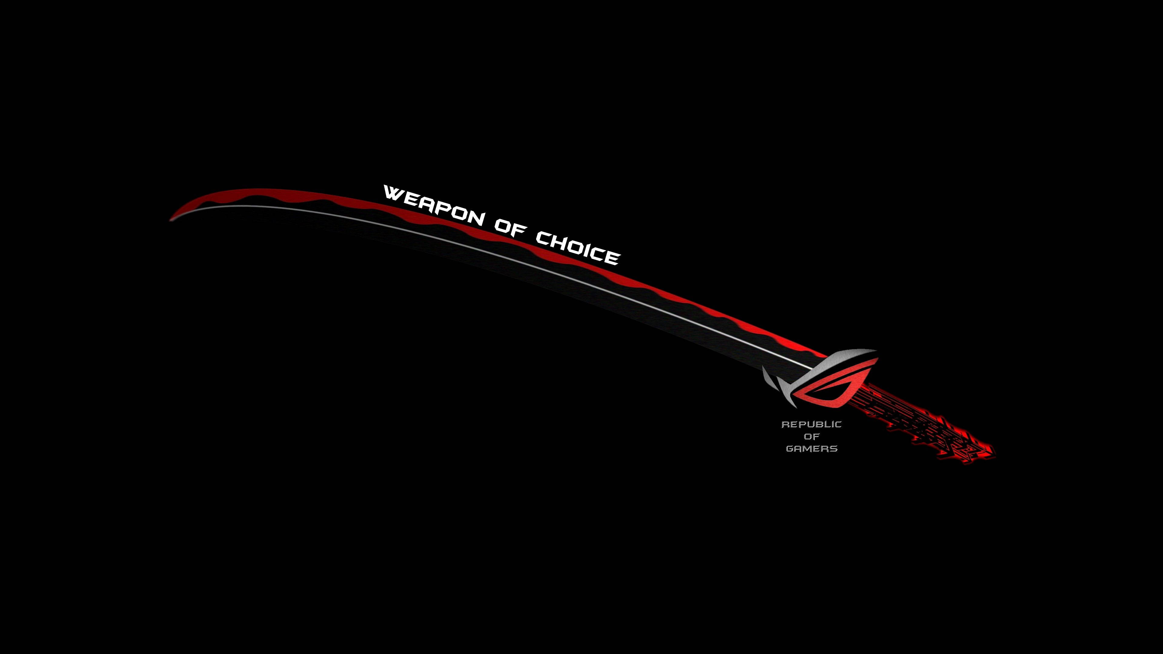 黑色動態圖 桌布 壁紙 — 一把時尚的黑色劍，帶有紅色點綴和「WEAPON OF CHOICE」文字，在純黑色背景上發光。