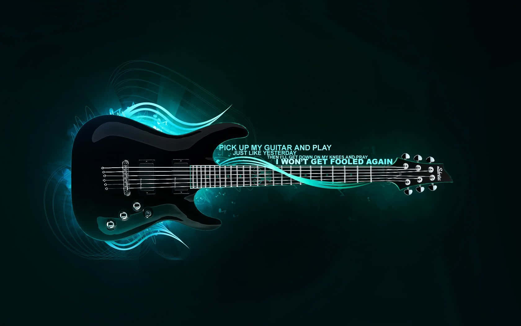 Musical 桌布 壁紙 — 一把時尚的黑色電結他，在黑暗背景上散發著充滿活力的青綠色能量波，歌詞在上方飄浮。