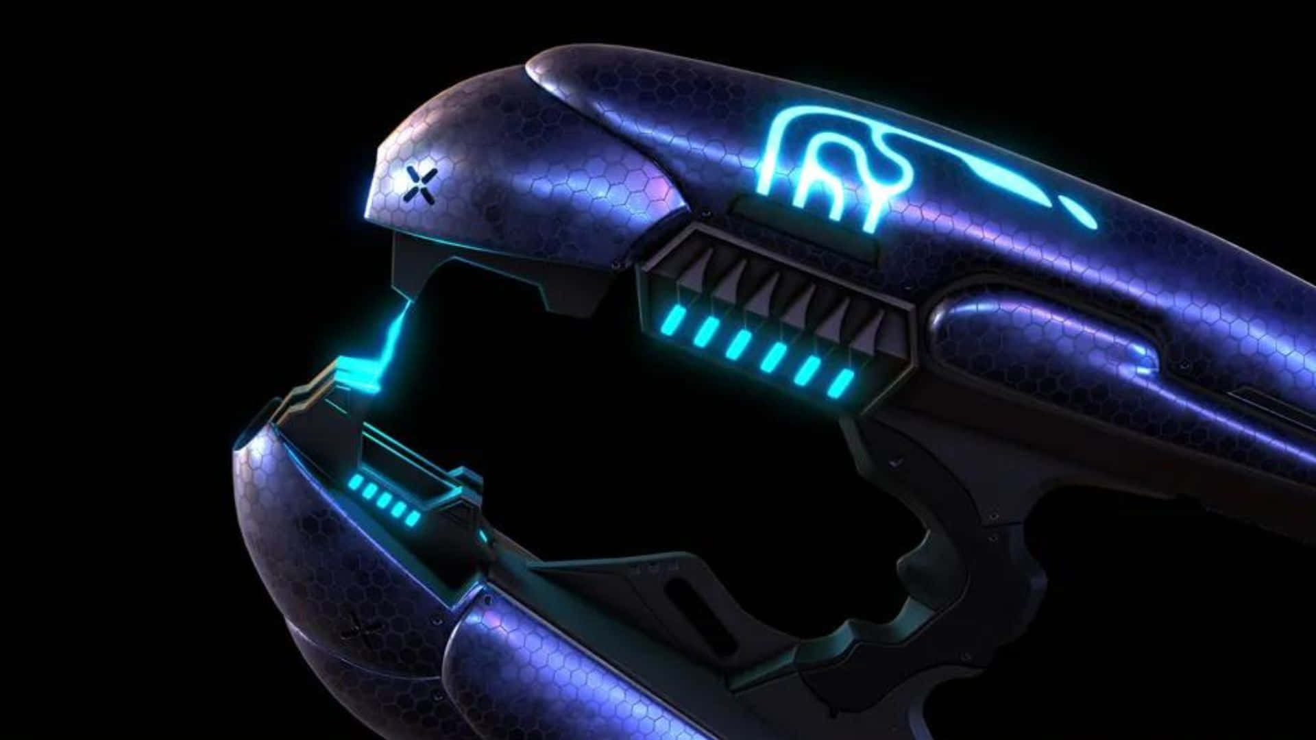Plasma Rifle 桌布 壁紙 — 一把未來科幻武器，帶有發光藍色霓虹燈點綴和六角形紋理，背景為黑色。