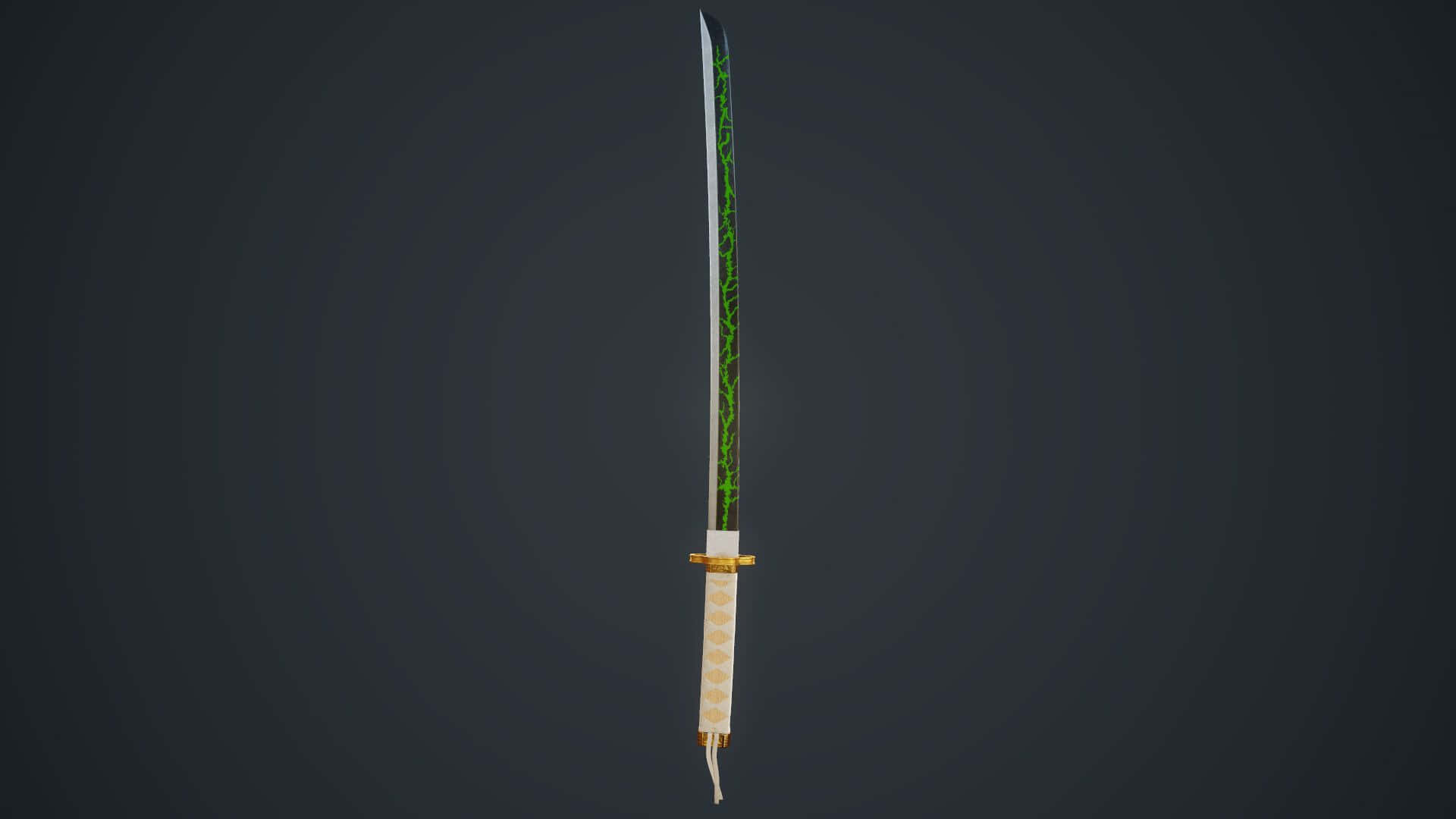 Nichirin Blades 桌布 壁紙 — 一把流線型武士刀，帶有綠色裂紋刀片和金色刀柄，垂直立在深色漸變背景上。