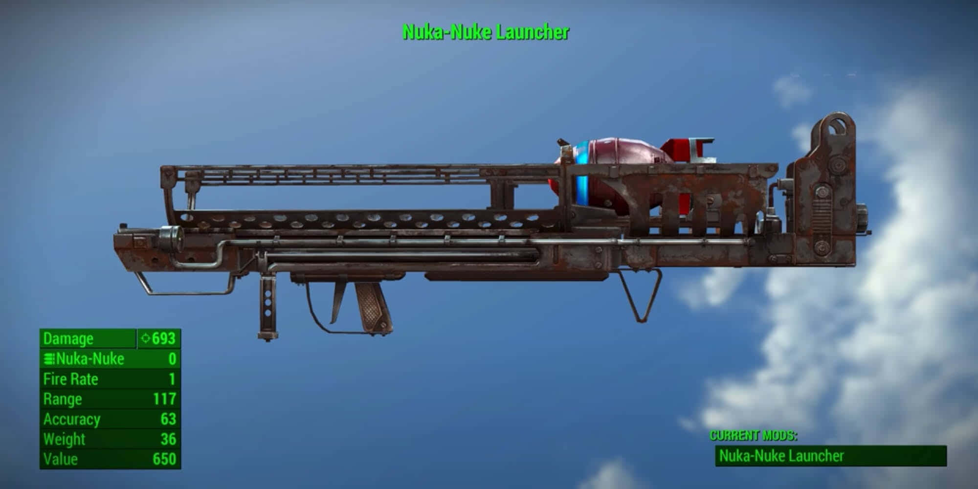 Fallout 4 Fat Man 桌布 壁紙 — 一把生鏽的Nuka-Nuke Launcher武器漂浮在藍天白雲中。