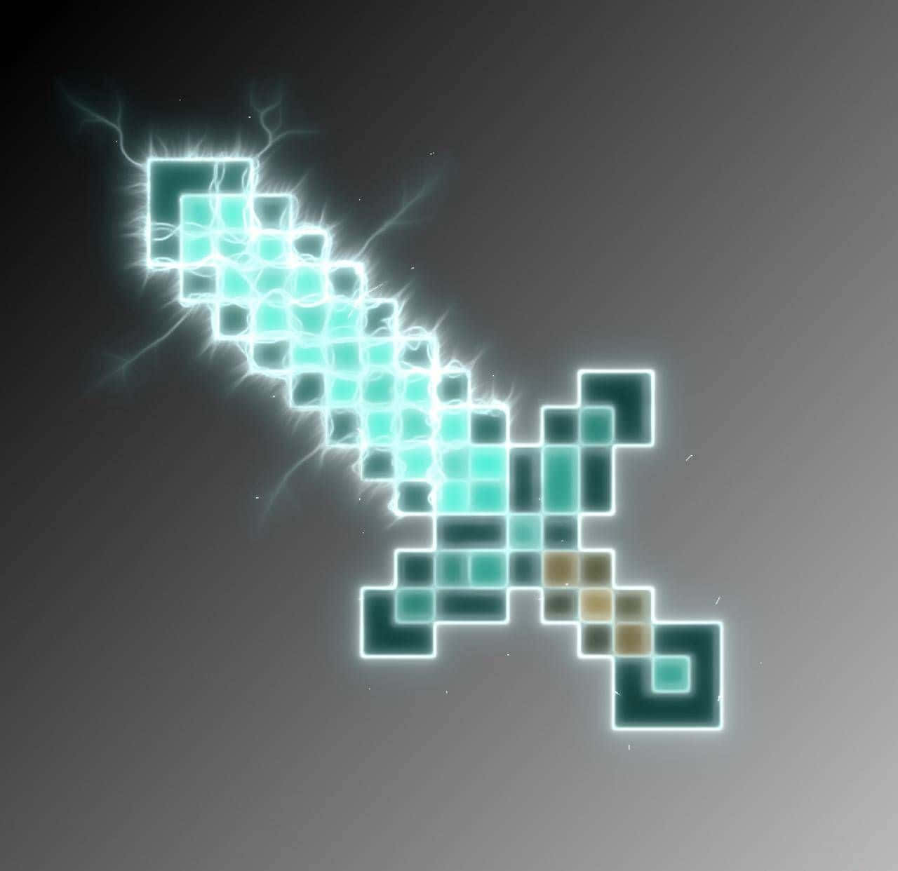 Minecraft Weapons 桌布 壁紙 — 一把發光的像素化劍，帶有電光藍色和藍綠色方塊，在深色漸變背景上散發能量。