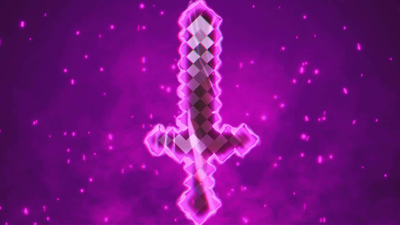 Minecraft Weapons 桌布 壁紙 — 一把發光的像素化劍在閃爍的宇宙背景下散發出電光紫色的能量。