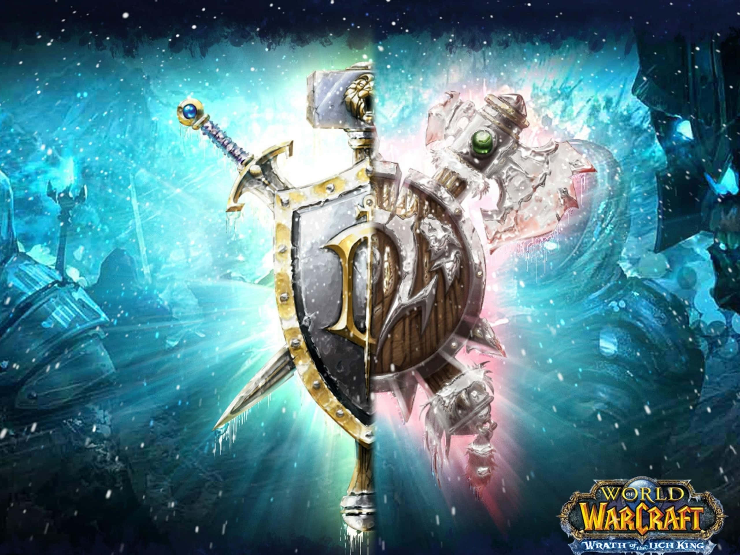 World Of Warcraft Races 桌布 壁紙 — 一把發光的劍和盾牌在冰藍色的光芒中碰撞，背景是冰凍的戰場，雪花飄落。