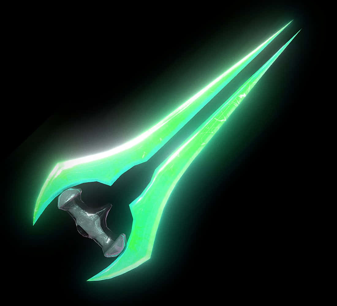 Halo Energy Sword 桌布 壁紙 — 一把發光的綠色能量劍，帶有金屬劍柄，在黑色背景上散發光芒。