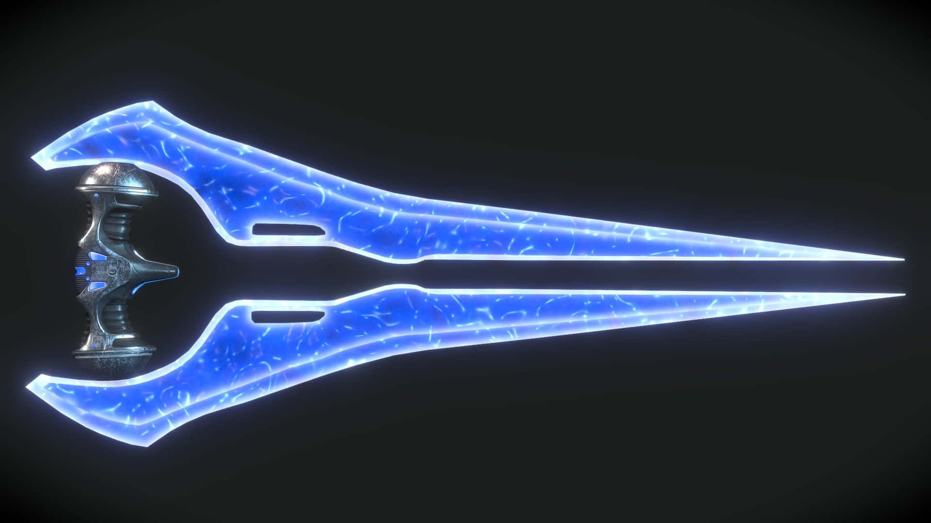 Halo Energy Sword 桌布 壁紙 — 一把發光的藍色能量劍，帶有複雜圖案和金屬劍柄，背景為深色。