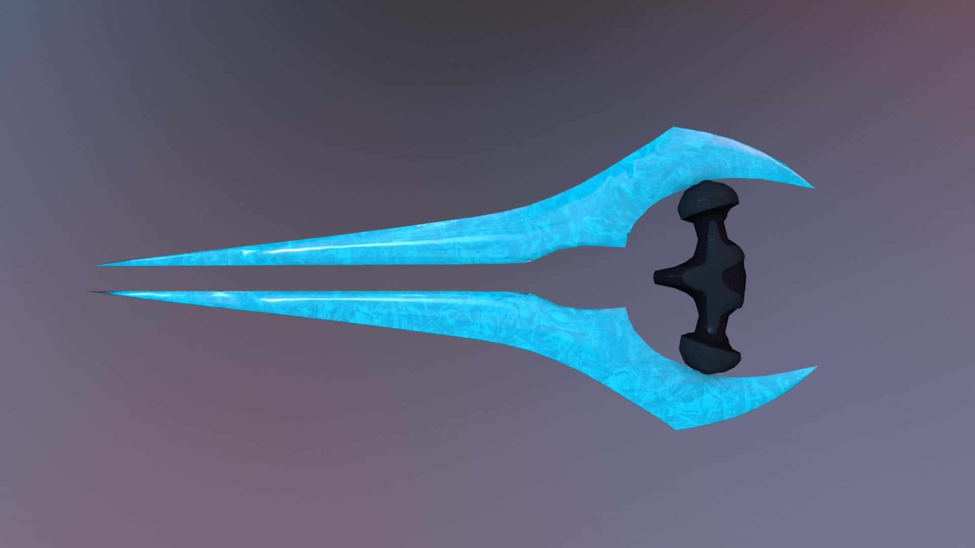 Halo Energy Sword 桌布 壁紙 — 一把發光的藍色能量武器，帶有黑色握把，漂浮在紫色灰色漸變背景上。