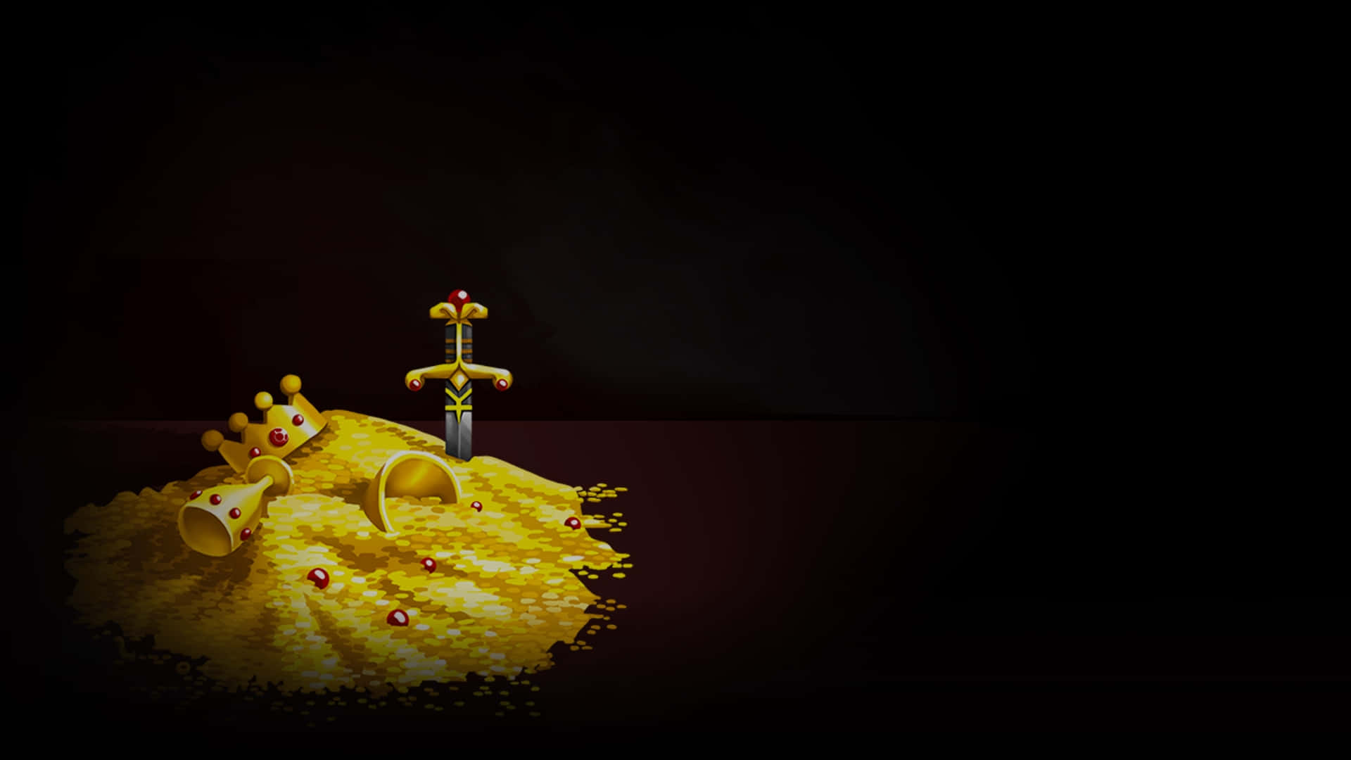 Treasure 桌布 壁紙 — 一把發光的金色劍和皇冠放在一堆閃閃發光的金幣上，背景為深色。