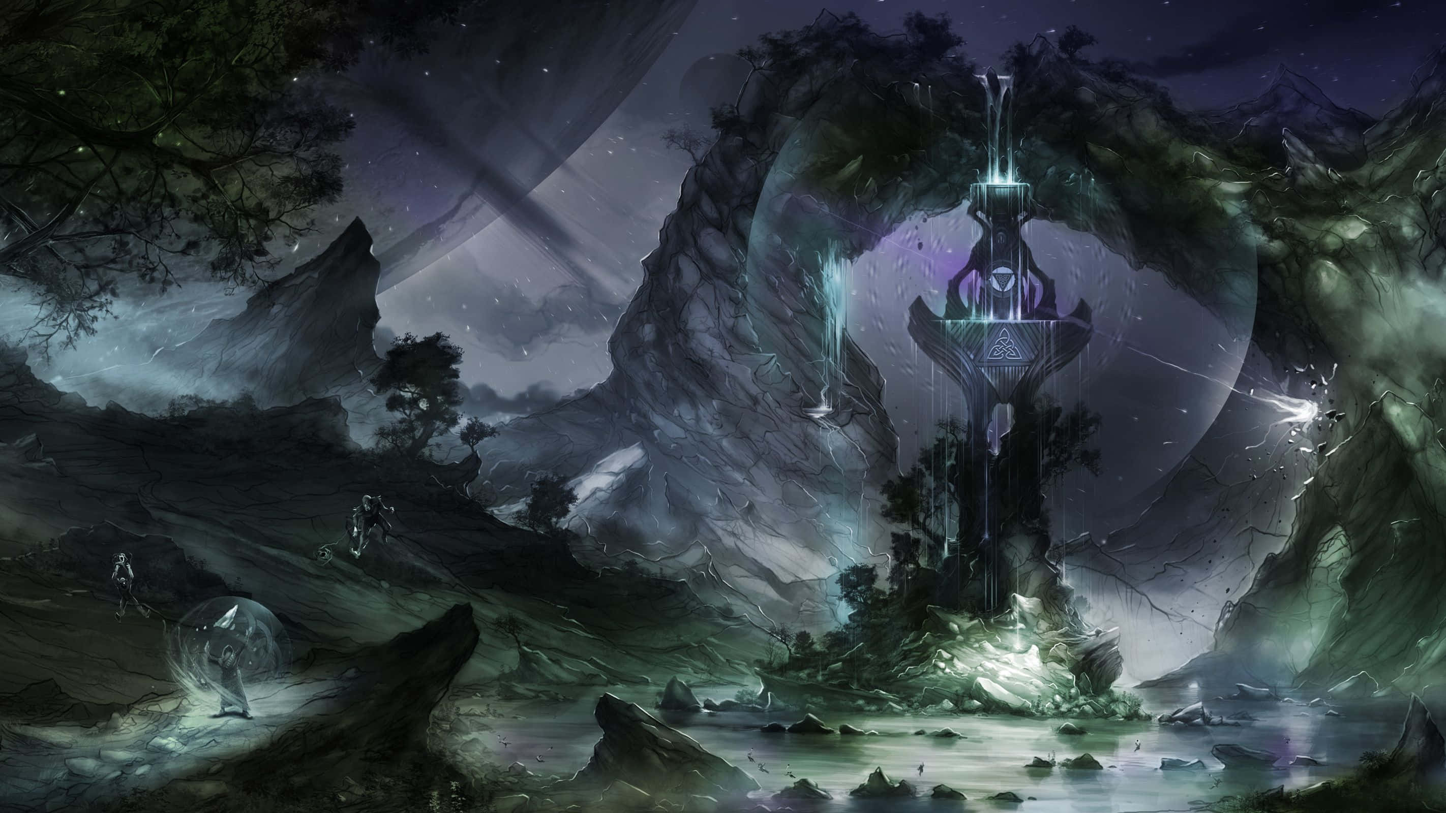 Dark Magic 桌布 壁紙 — 一把發光的魔法劍嵌在岩石露頭中，背景是繁星點點的夜空、剪影樹木和遠處的人物。