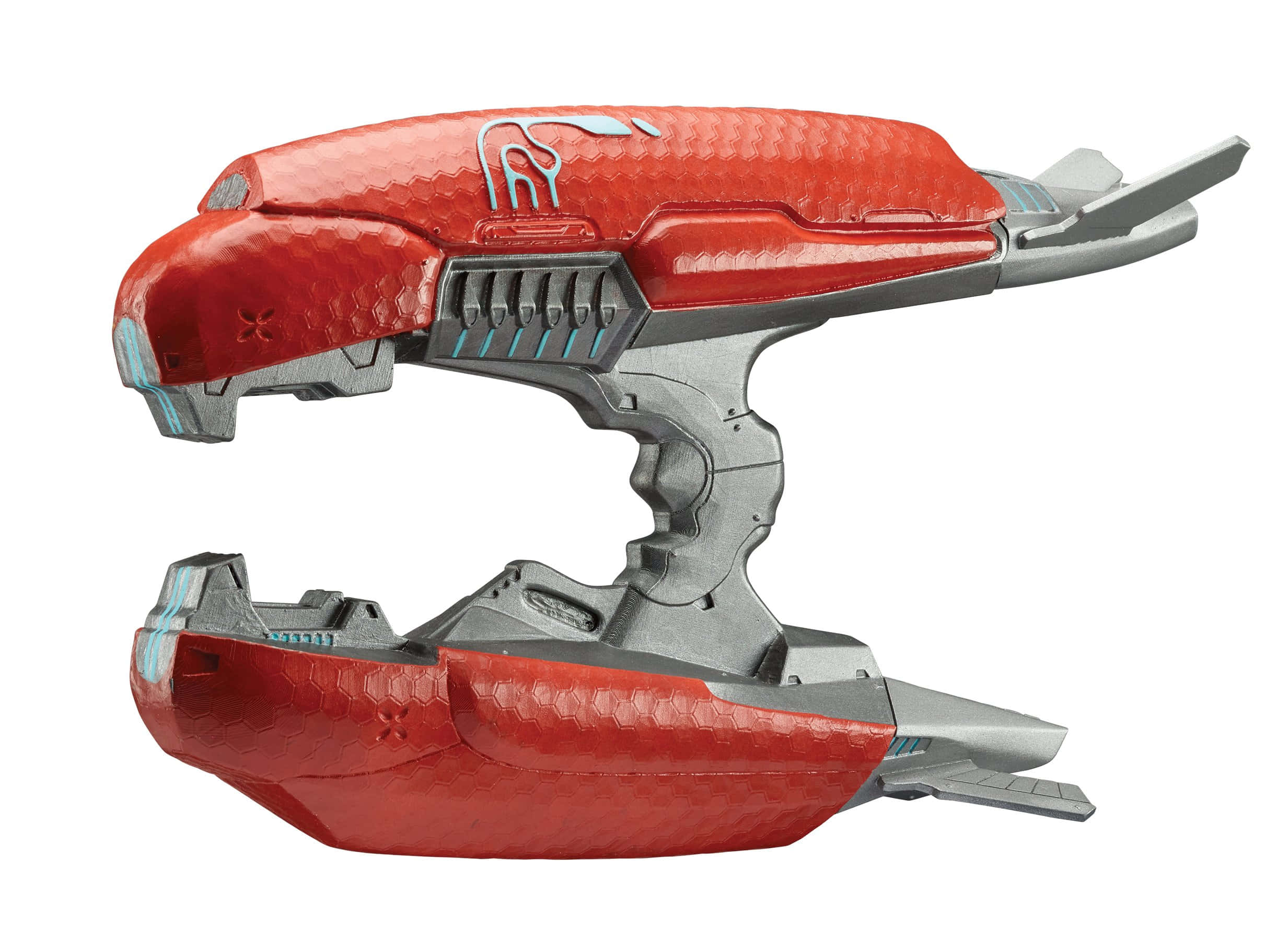 Plasma Rifle 桌布 壁紙 — 一把紅色和銀色的未來感武器，具有紋理表面和發光藍色點綴，背景為白色。
