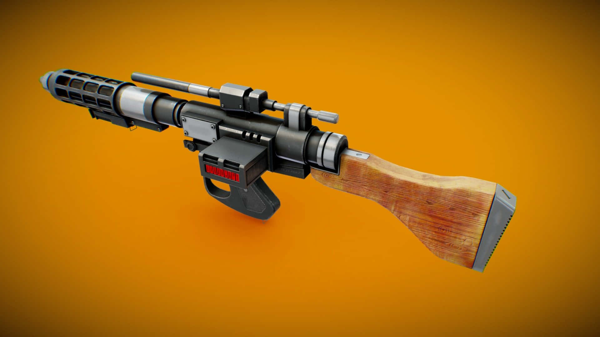 Blaster Rifles 桌布 壁紙 — 一把細節豐富的3D渲染爆能步槍，配有木製槍托和金屬槍管，背景為溫暖的橙色漸變。