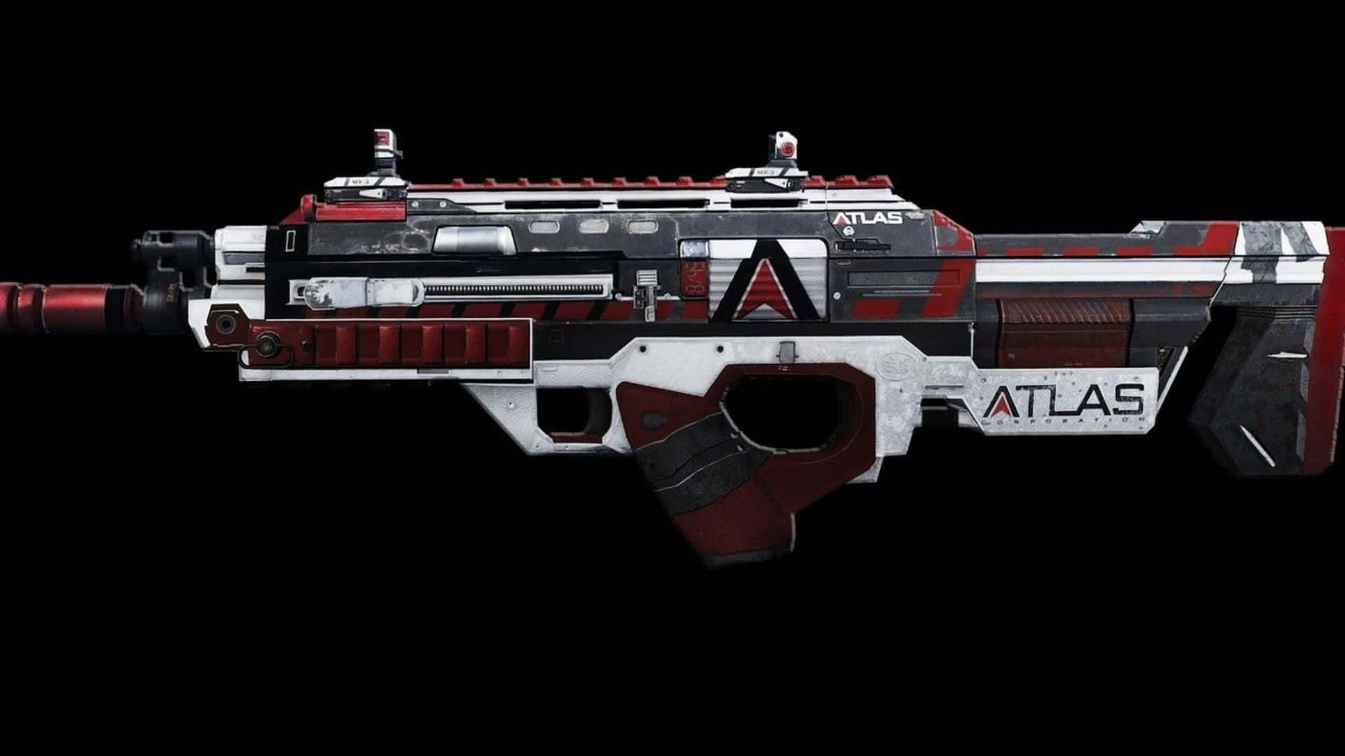 Call Of Duty Weapons 桌布 壁紙 — 一把細節豐富的未來主義紅白Atlas突擊步槍，在黑色背景上帶有發光點綴。
