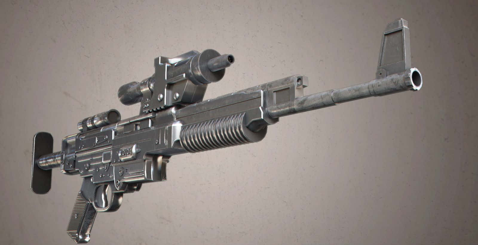 Blaster Rifles 桌布 壁紙 — 一把細節豐富的銀色突擊步槍，配有瞄準鏡和紋理握把，展示在灰色中性背景上。