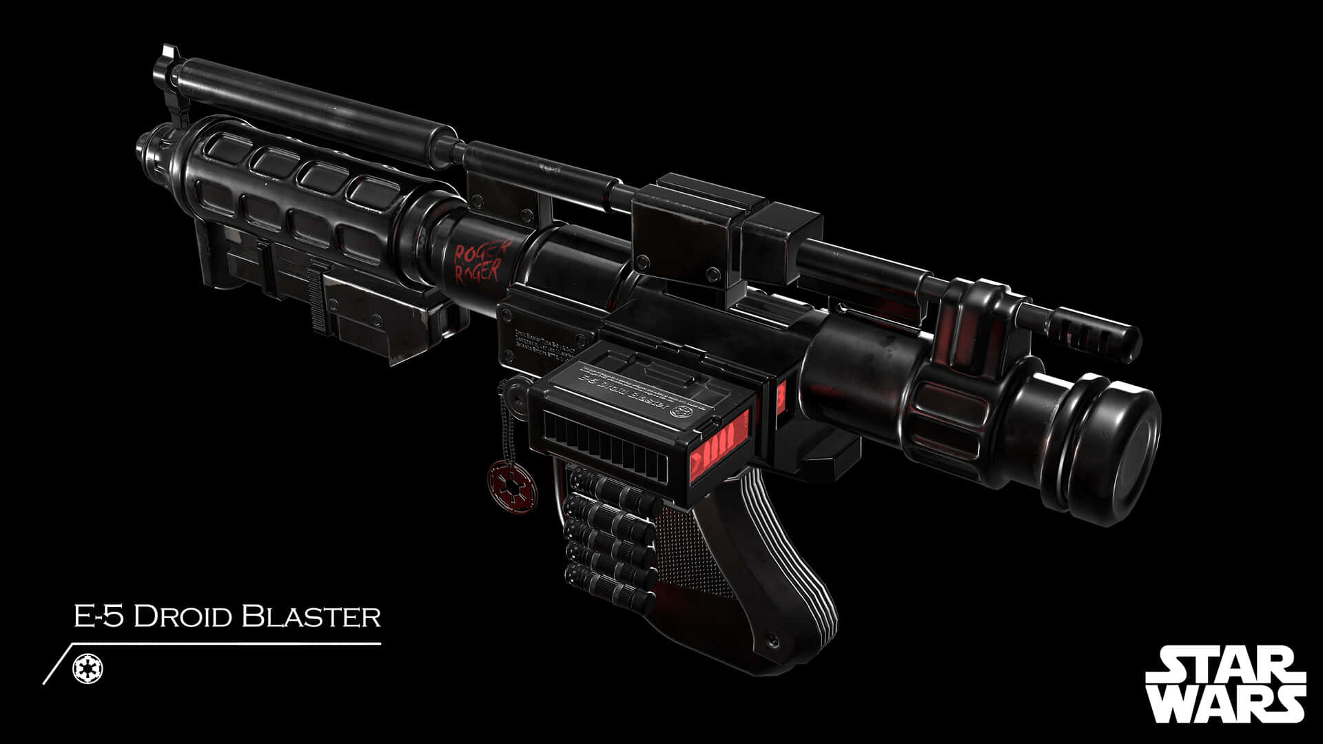 Blaster Rifles 桌布 壁紙 — 一把細節豐富的黑色E-5機械人爆能槍，帶有紅色發光點綴和「ROGUE ONE」塗鴉，背景為純黑色。